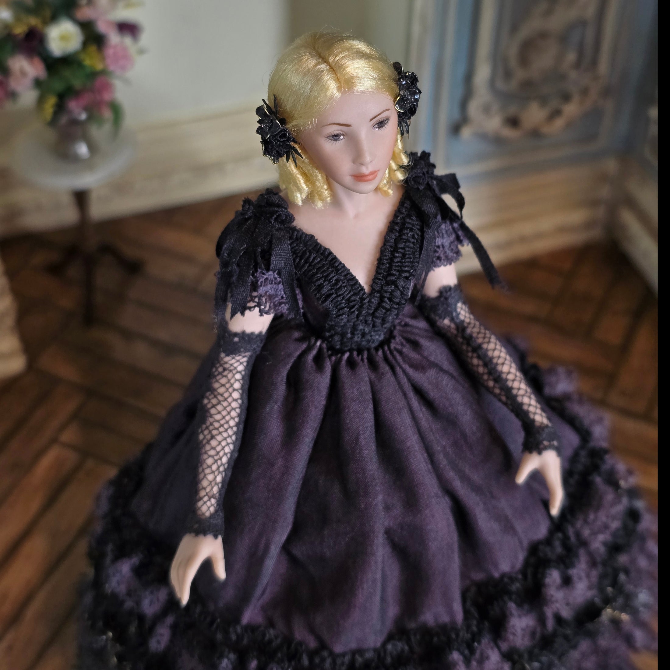 RESERVED SUSAN Beauty Dollhouse Doll Aubergine Silk Gown with Black Lace