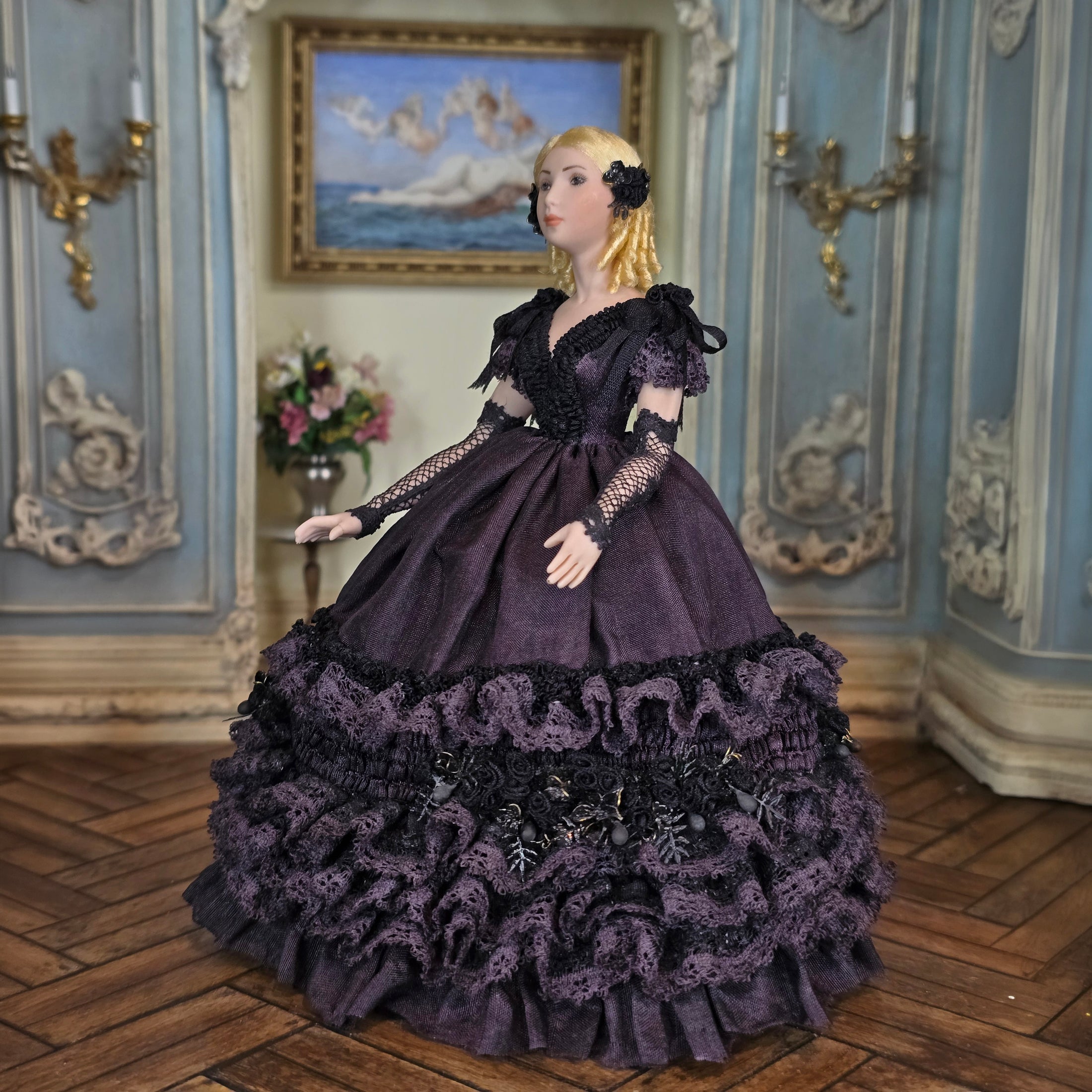 RESERVED SUSAN Beauty Dollhouse Doll Aubergine Silk Gown with Black Lace
