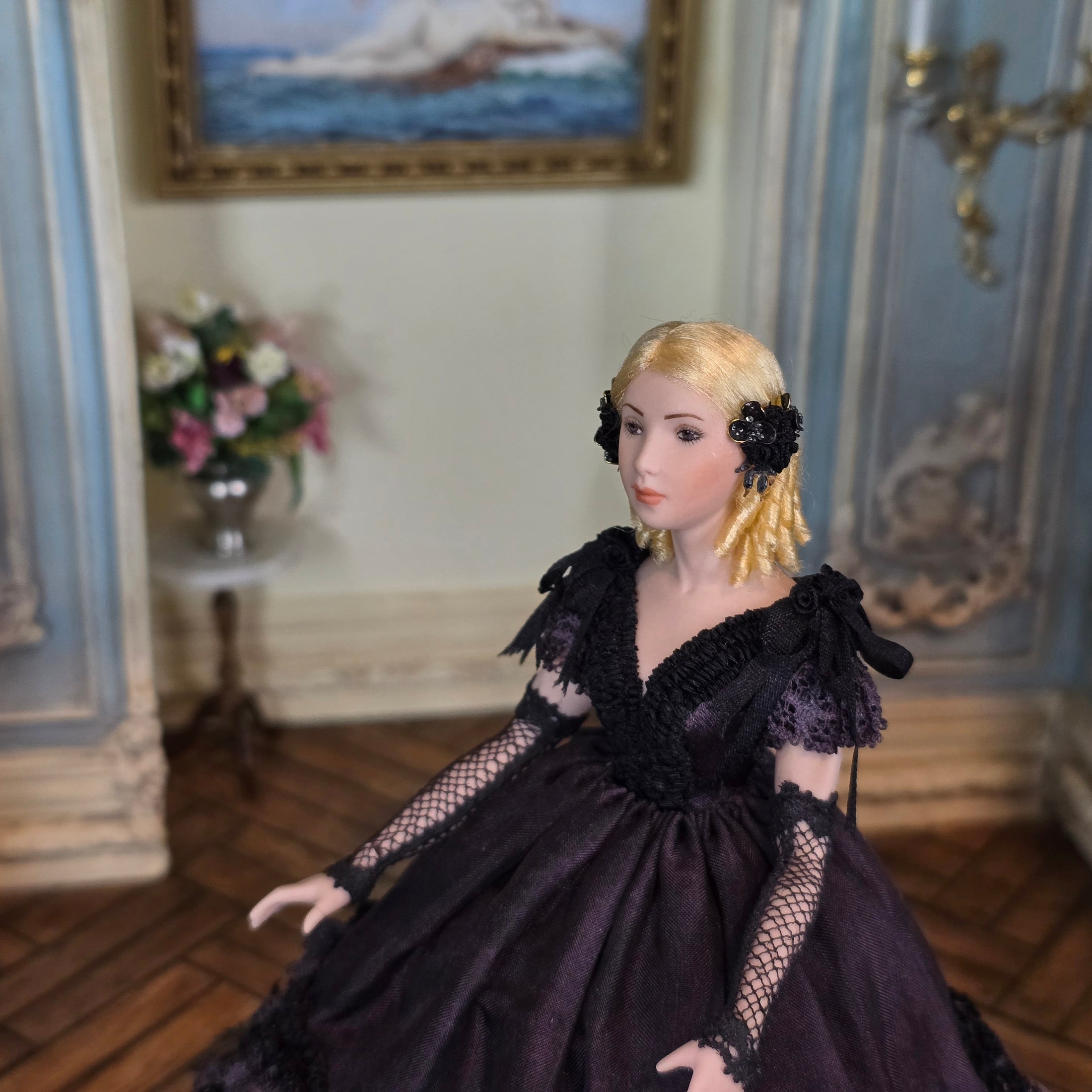 RESERVED SUSAN Beauty Dollhouse Doll Aubergine Silk Gown with Black Lace