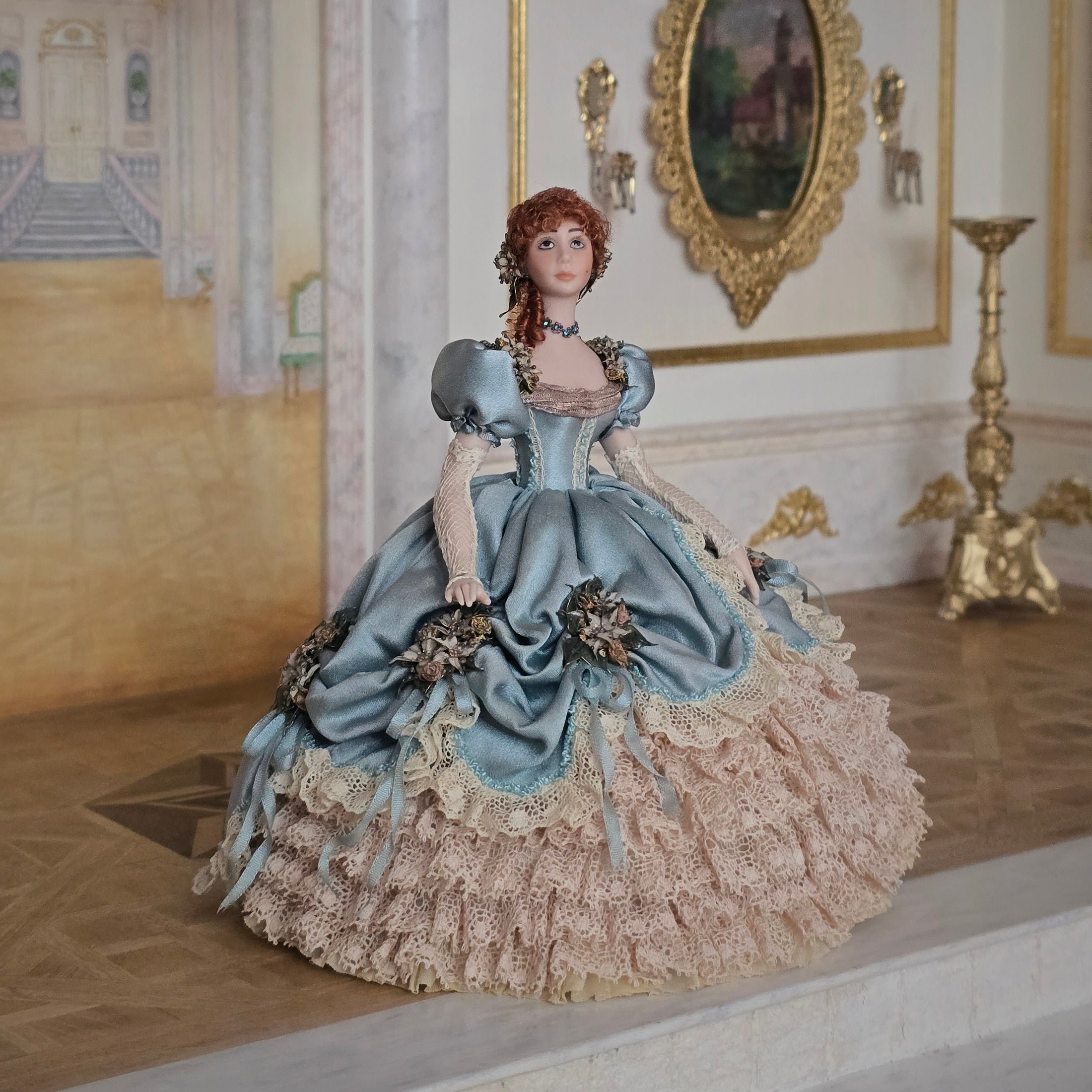 Stacy Hofman Victorian Porcelain Dollhouse Doll Lady with Blue Silk Ball Gown