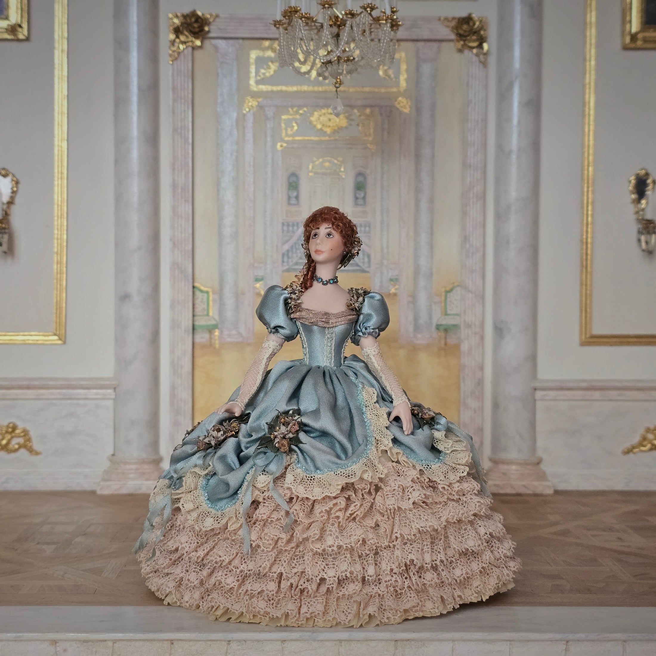 Stacy Hofman Victorian Porcelain Dollhouse Doll Lady with Blue Silk Ball Gown