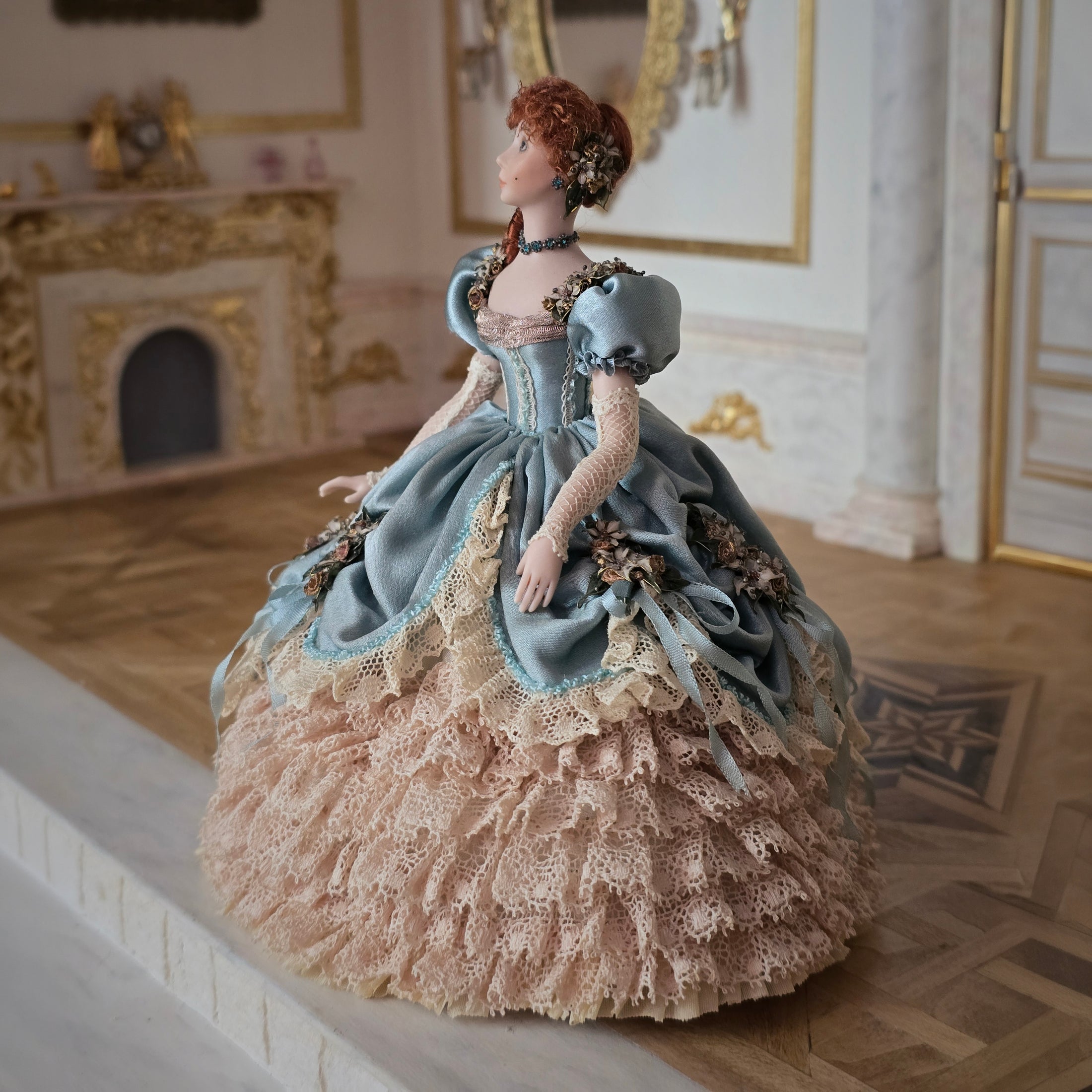 Stacy Hofman Victorian Porcelain Dollhouse Doll Lady with Blue Silk Ball Gown