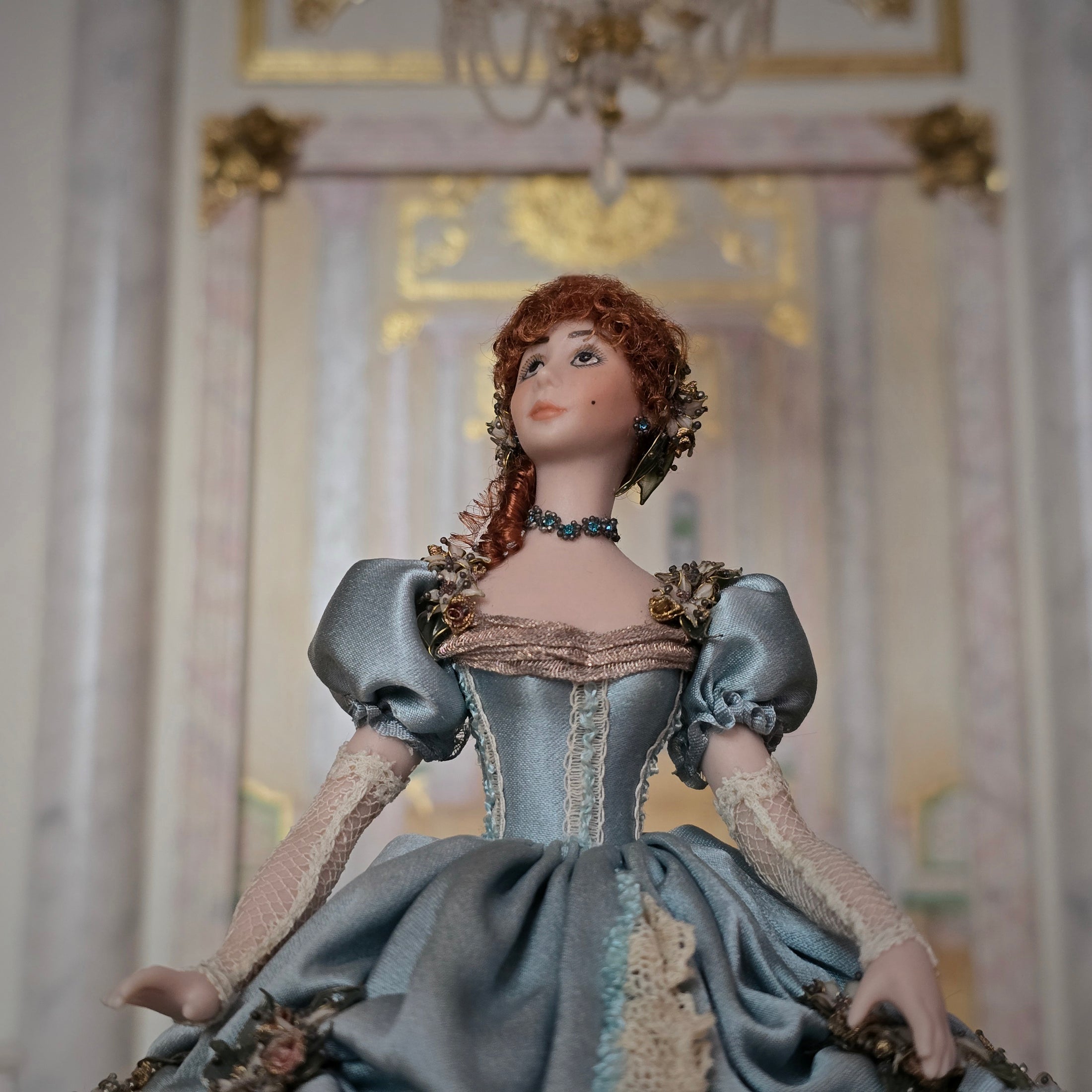 Stacy Hofman Victorian Porcelain Dollhouse Doll Lady with Blue Silk Ball Gown