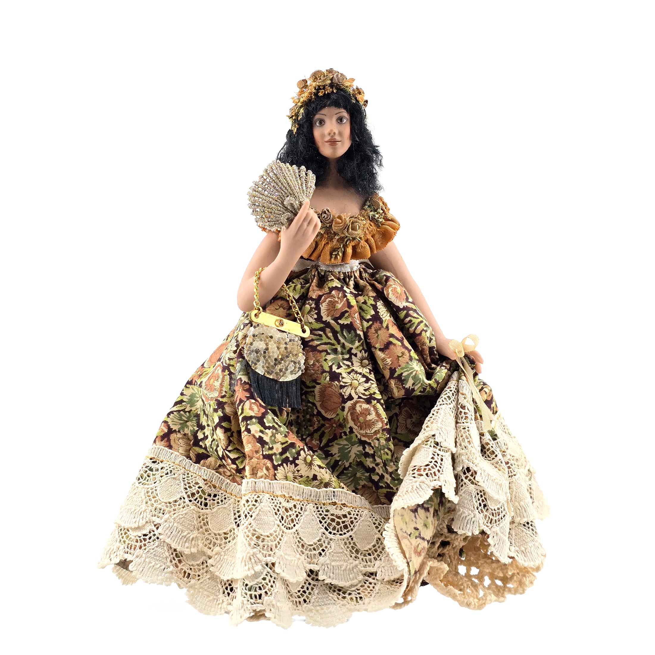 Autumn Floral Victorian Lady Dollhouse Doll Caramel Complexion Attributed Stacy Hofman