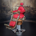 Load image into Gallery viewer, OOAK Miniature Koken Style Barber Chair By Ken Beyer Red Leather, Silver & Wood
