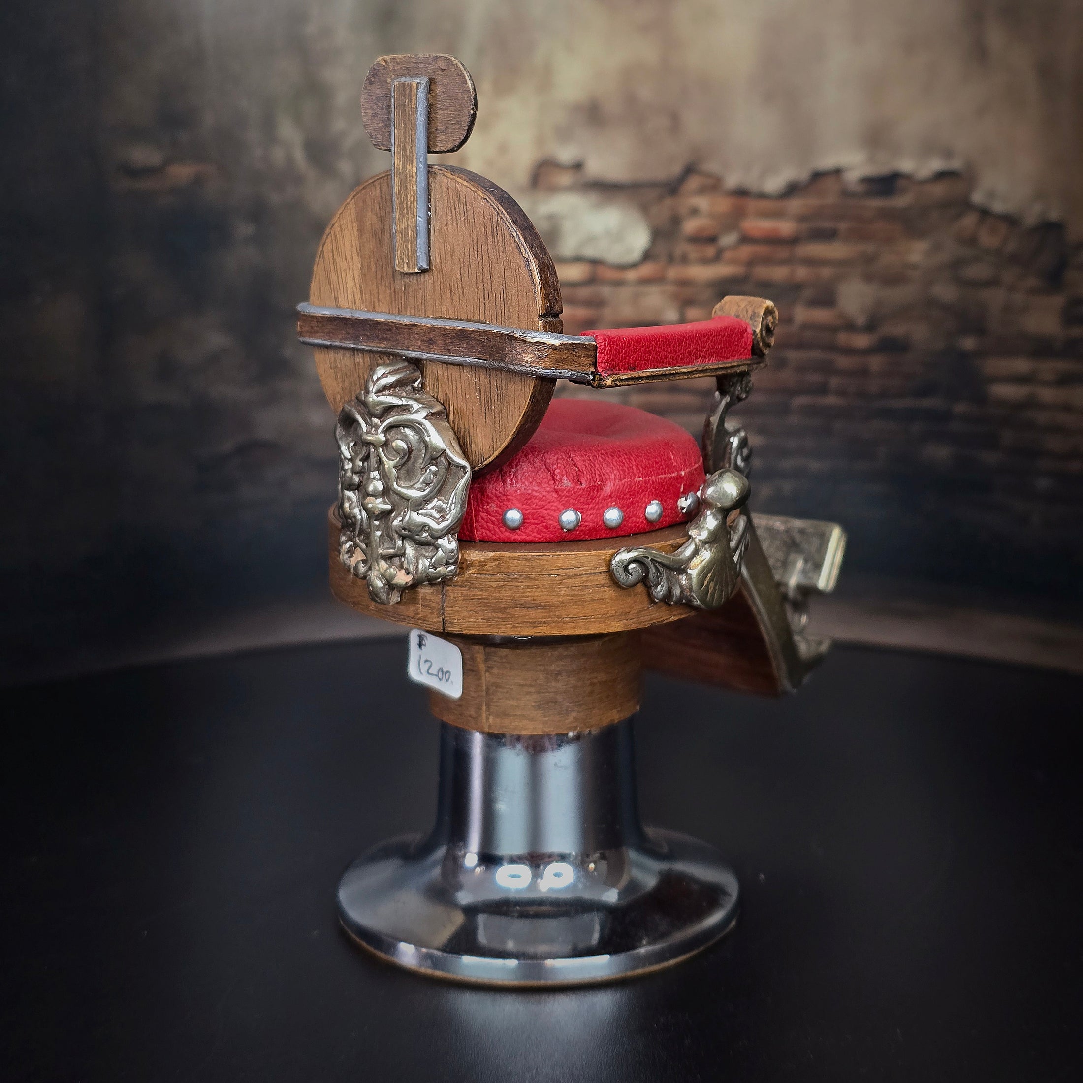 OOAK Miniature Koken Style Barber Chair By Ken Beyer Red Leather, Silver & Wood