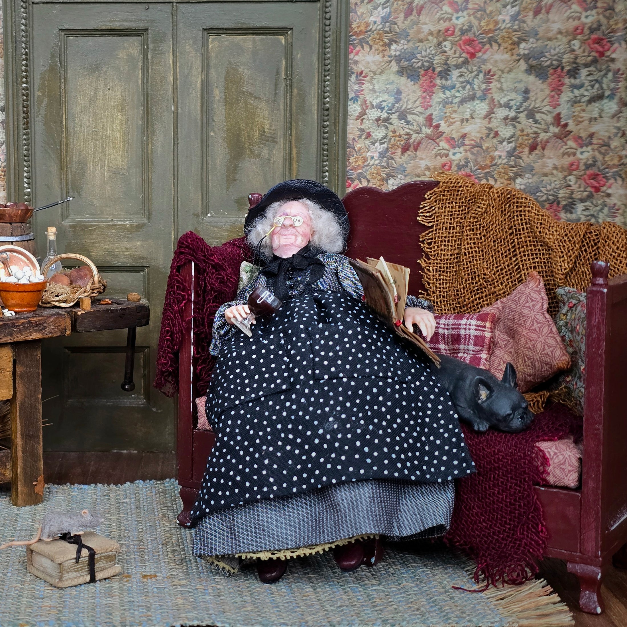 RESERVED FOR JOE Julie Campbell Sleeping Witch with French Bulldog on Sofa