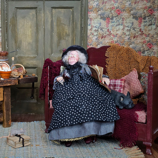 RESERVED FOR JOE Julie Campbell Sleeping Witch with French Bulldog on Sofa