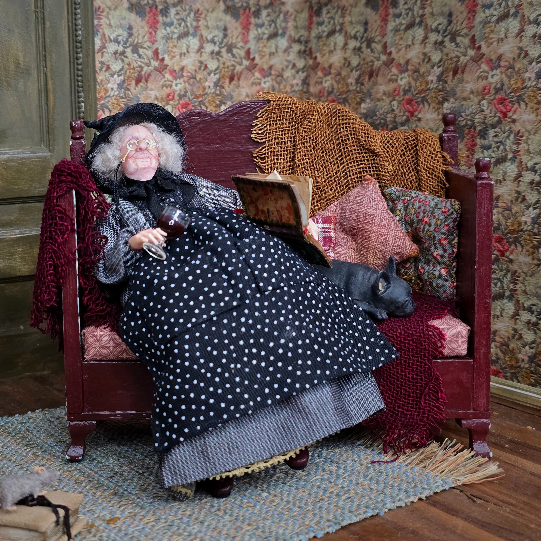 RESERVED FOR JOE Julie Campbell Sleeping Witch with French Bulldog on Sofa