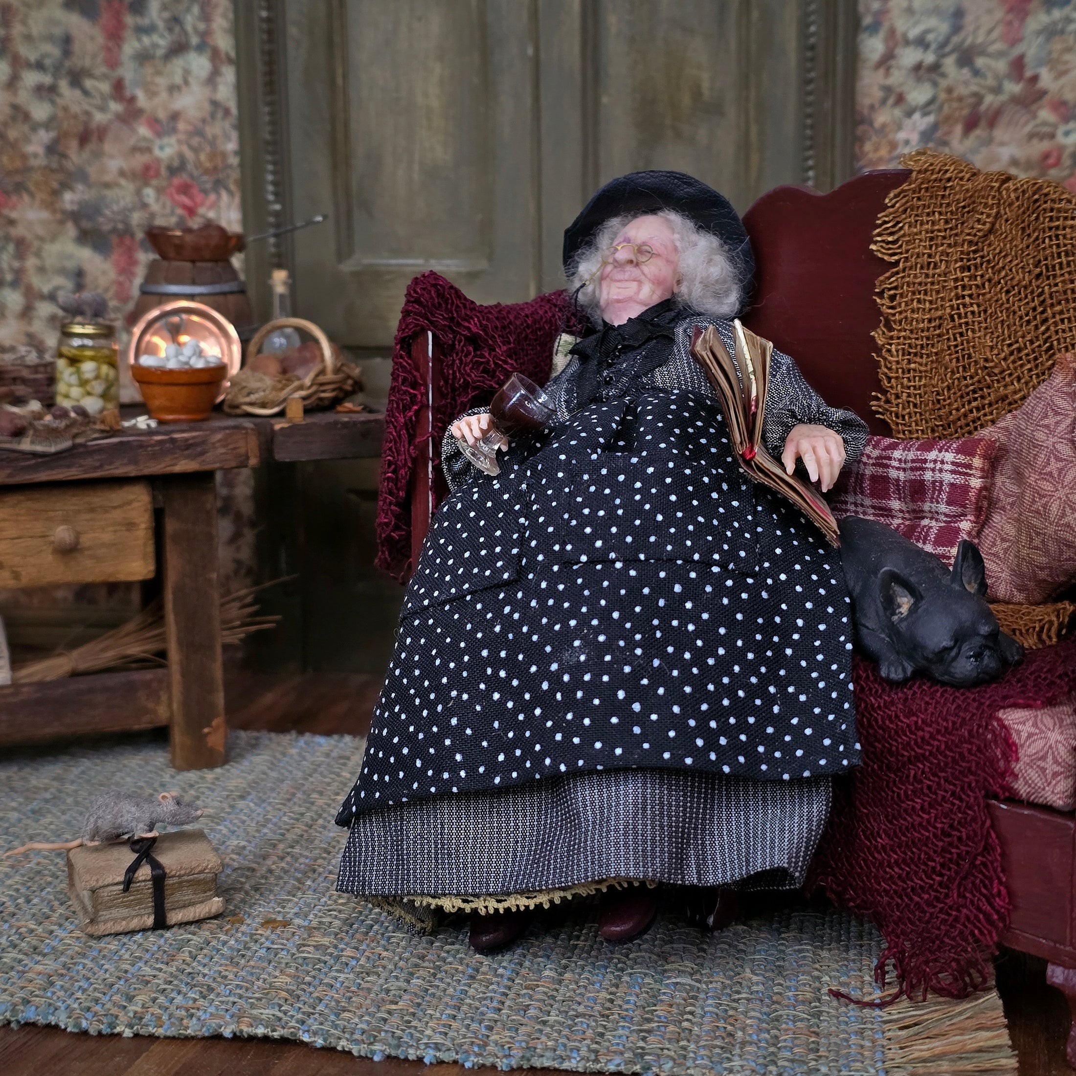 RESERVED FOR JOE Julie Campbell Sleeping Witch with French Bulldog on Sofa