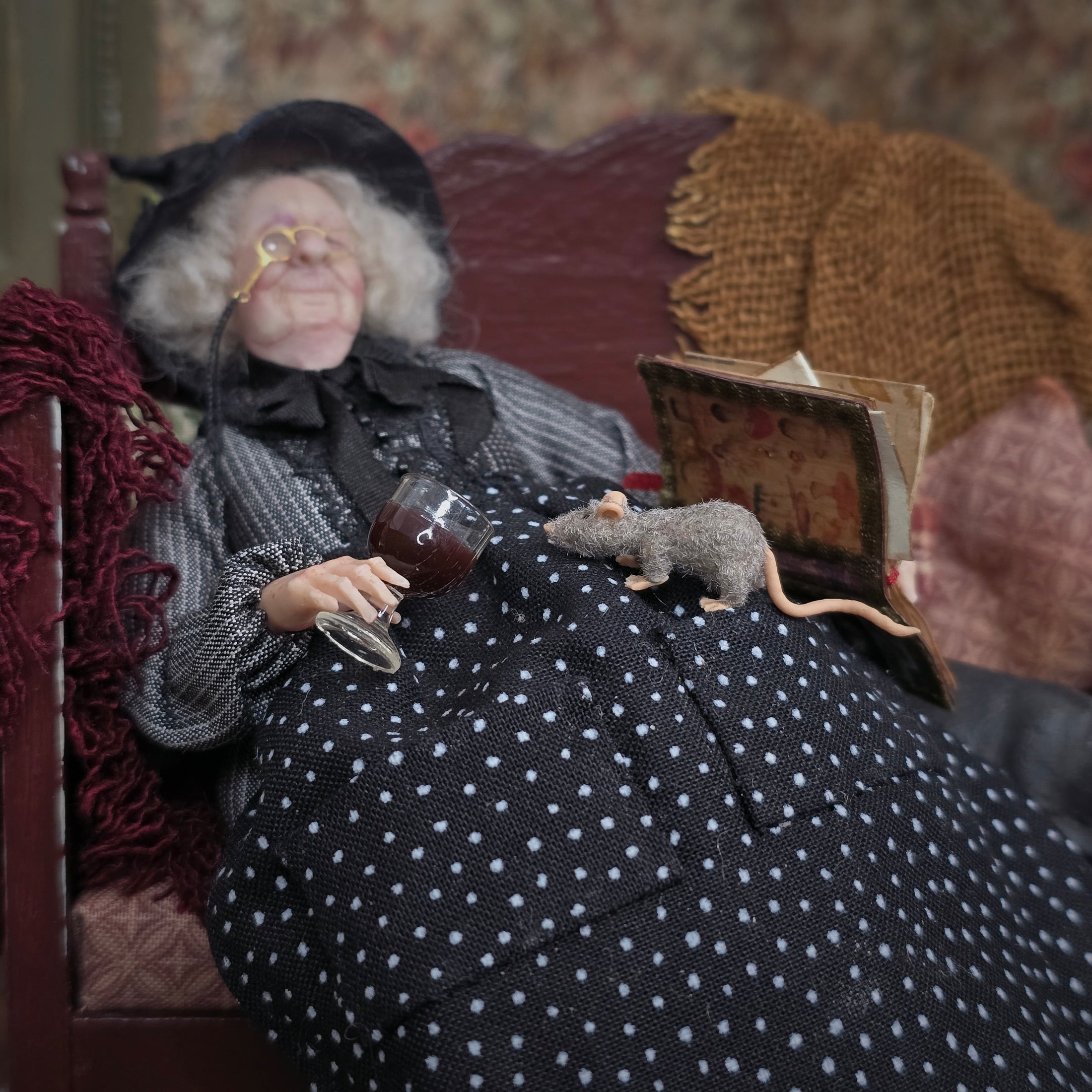 RESERVED FOR JOE Julie Campbell Sleeping Witch with French Bulldog on Sofa