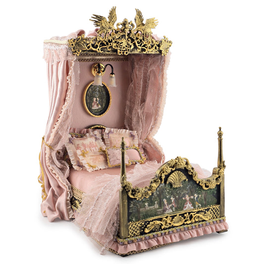 Aurea of Spain Rococo Pink & Gilt Half-Tester Canopy Bed with Painted Panels