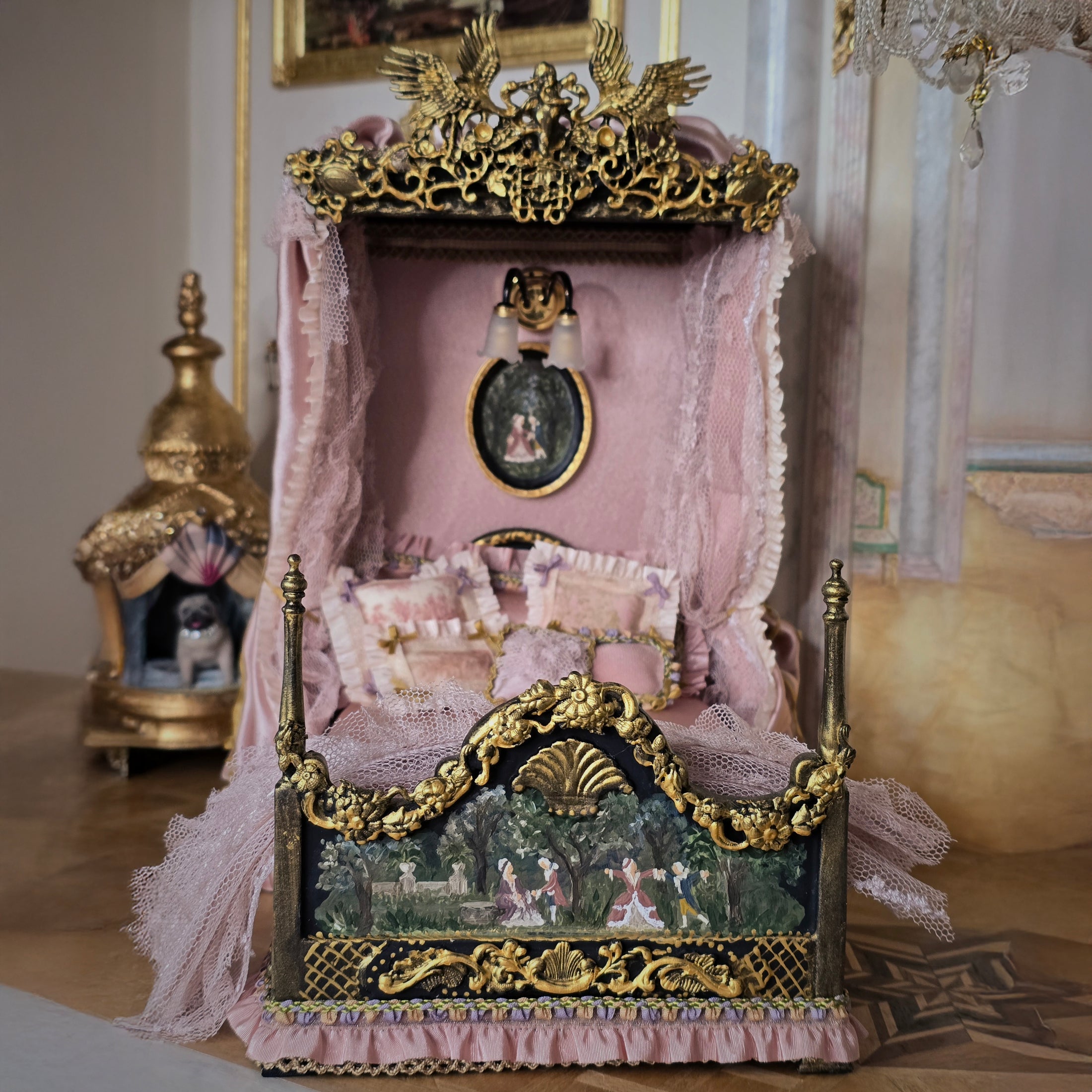 Aurea of Spain Rococo Pink & Gilt Half-Tester Canopy Bed with Painted Panels