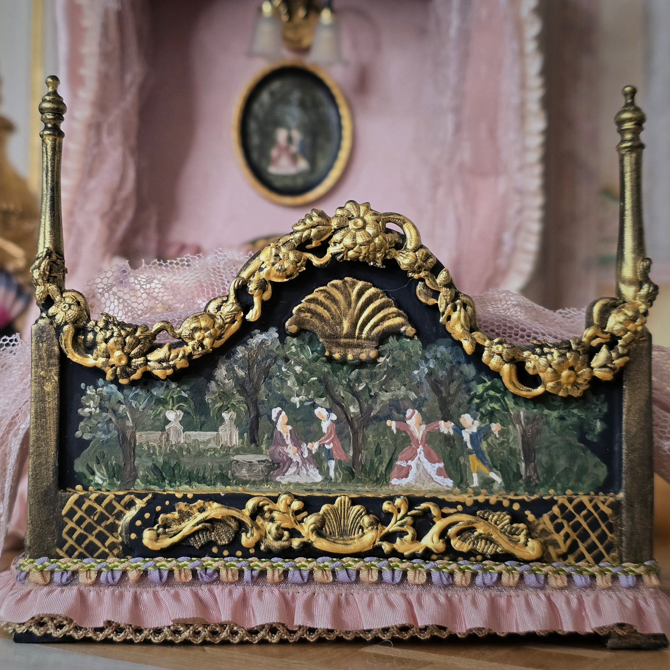 Aurea of Spain Rococo Pink & Gilt Half-Tester Canopy Bed with Painted Panels