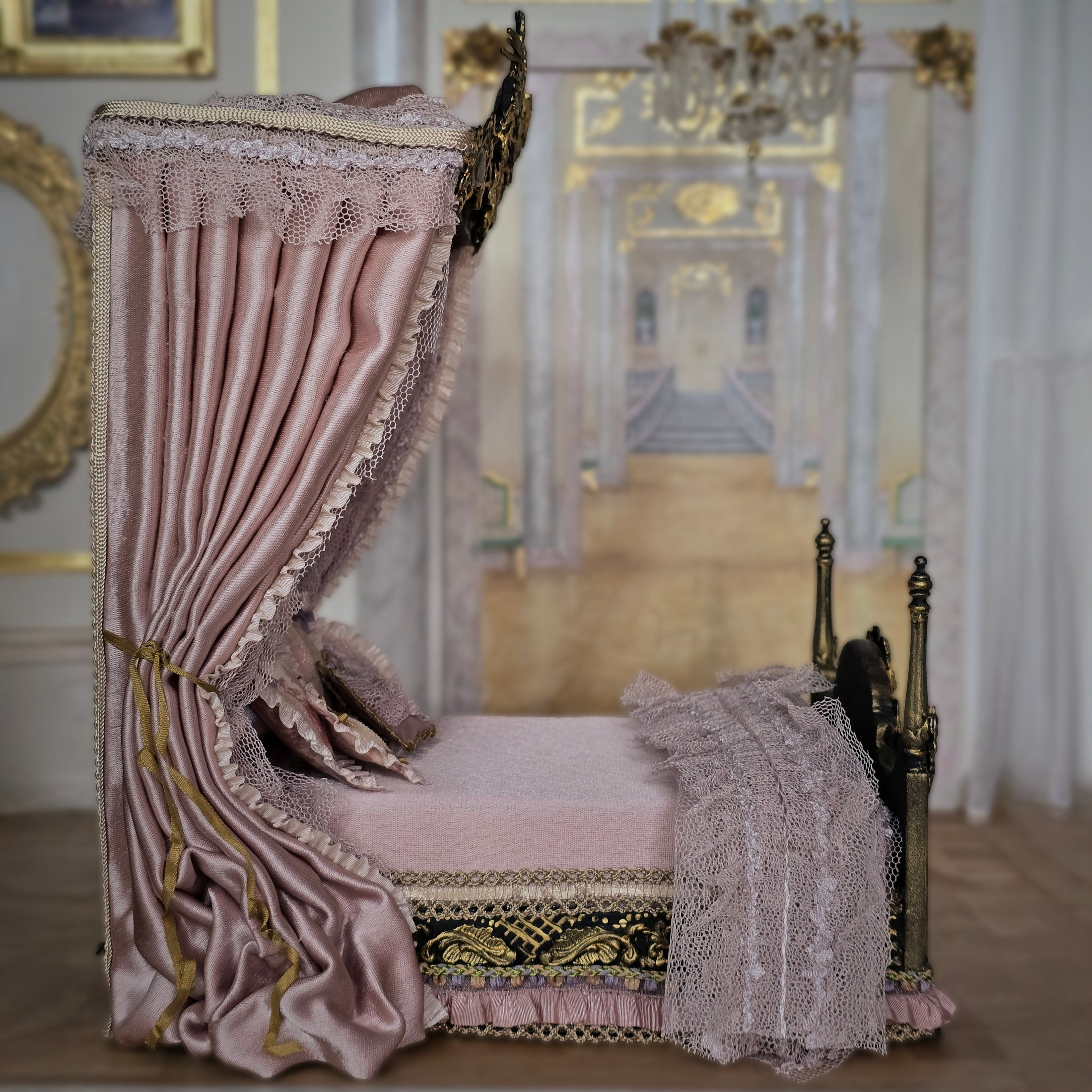 Aurea of Spain Rococo Pink & Gilt Half-Tester Canopy Bed with Painted Panels