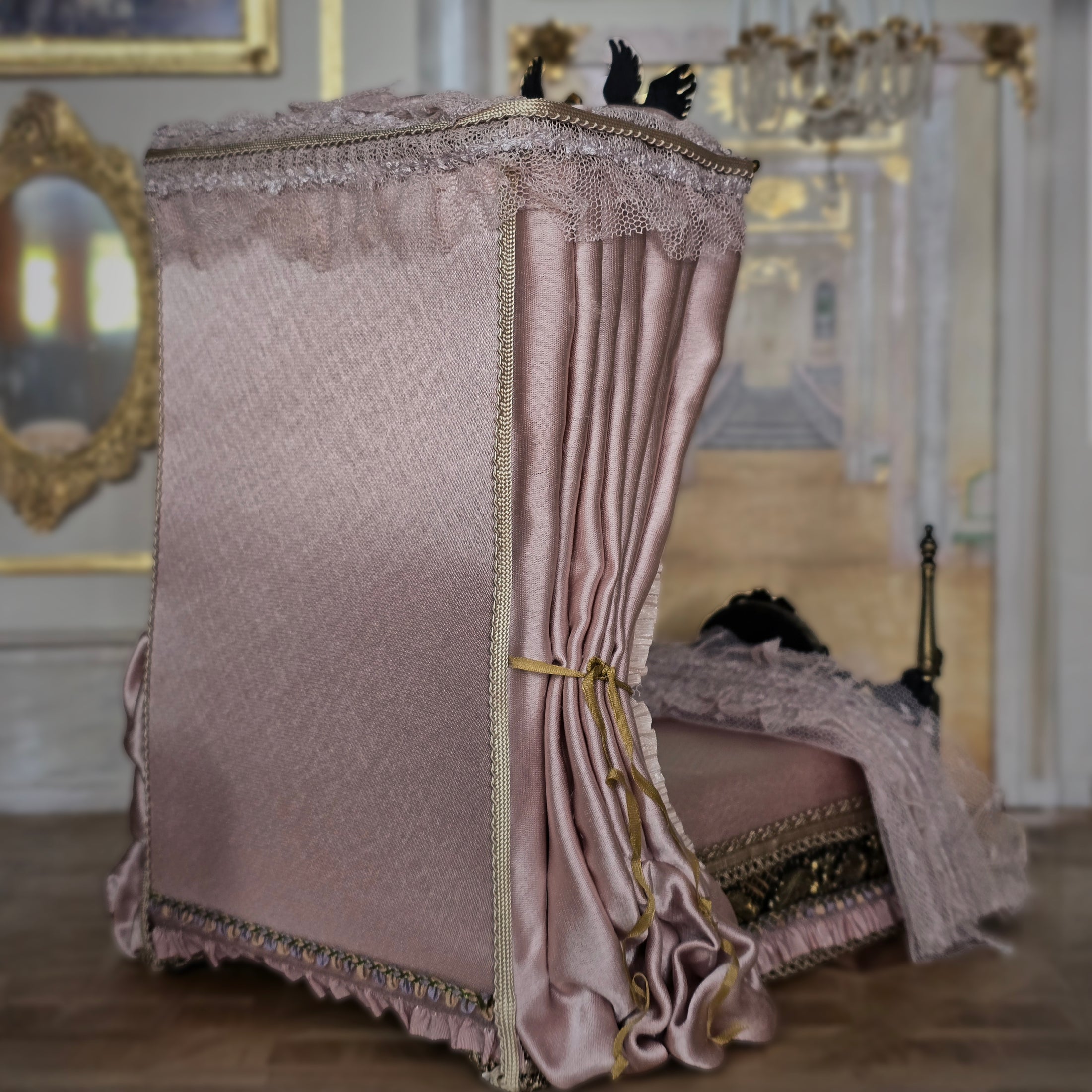 Aurea of Spain Rococo Pink & Gilt Half-Tester Canopy Bed with Painted Panels