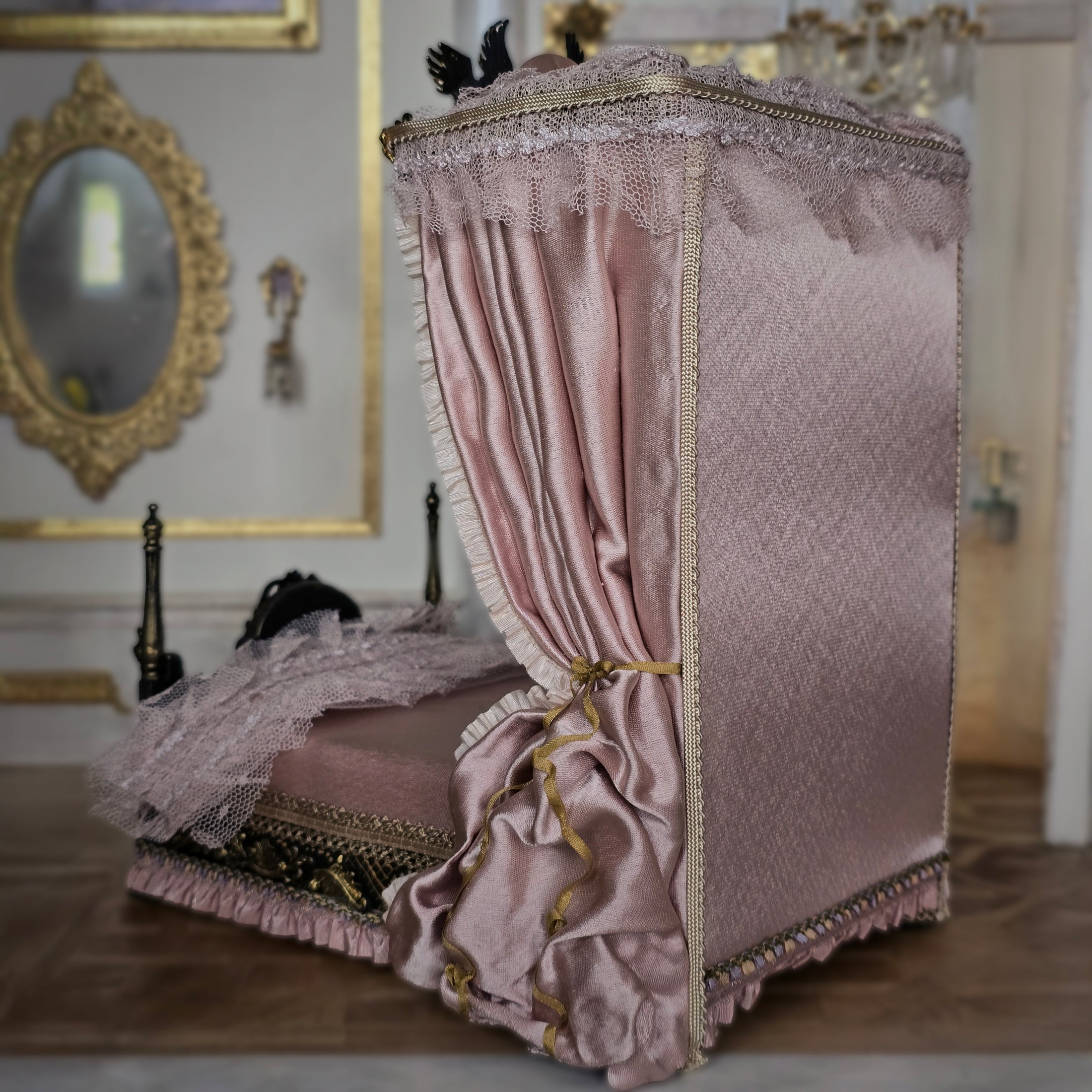 Aurea of Spain Rococo Pink & Gilt Half-Tester Canopy Bed with Painted Panels