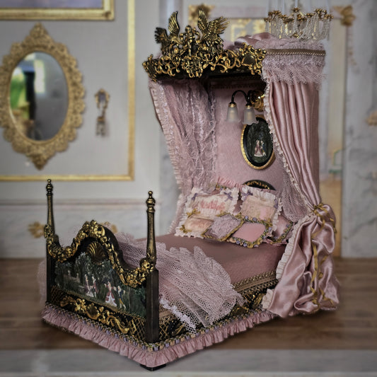 Aurea of Spain Rococo Pink & Gilt Half-Tester Canopy Bed with Painted Panels