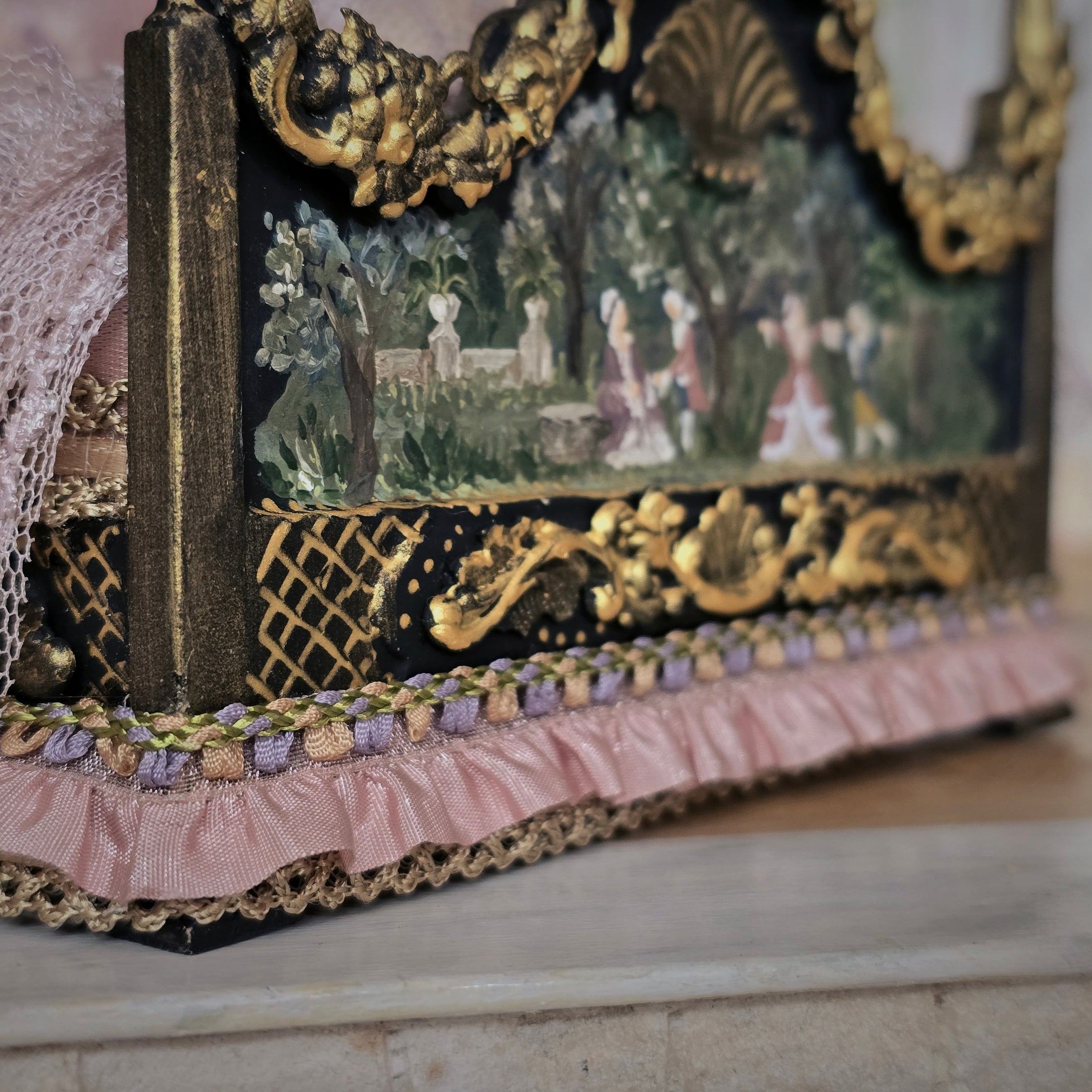 Aurea of Spain Rococo Pink & Gilt Half-Tester Canopy Bed with Painted Panels