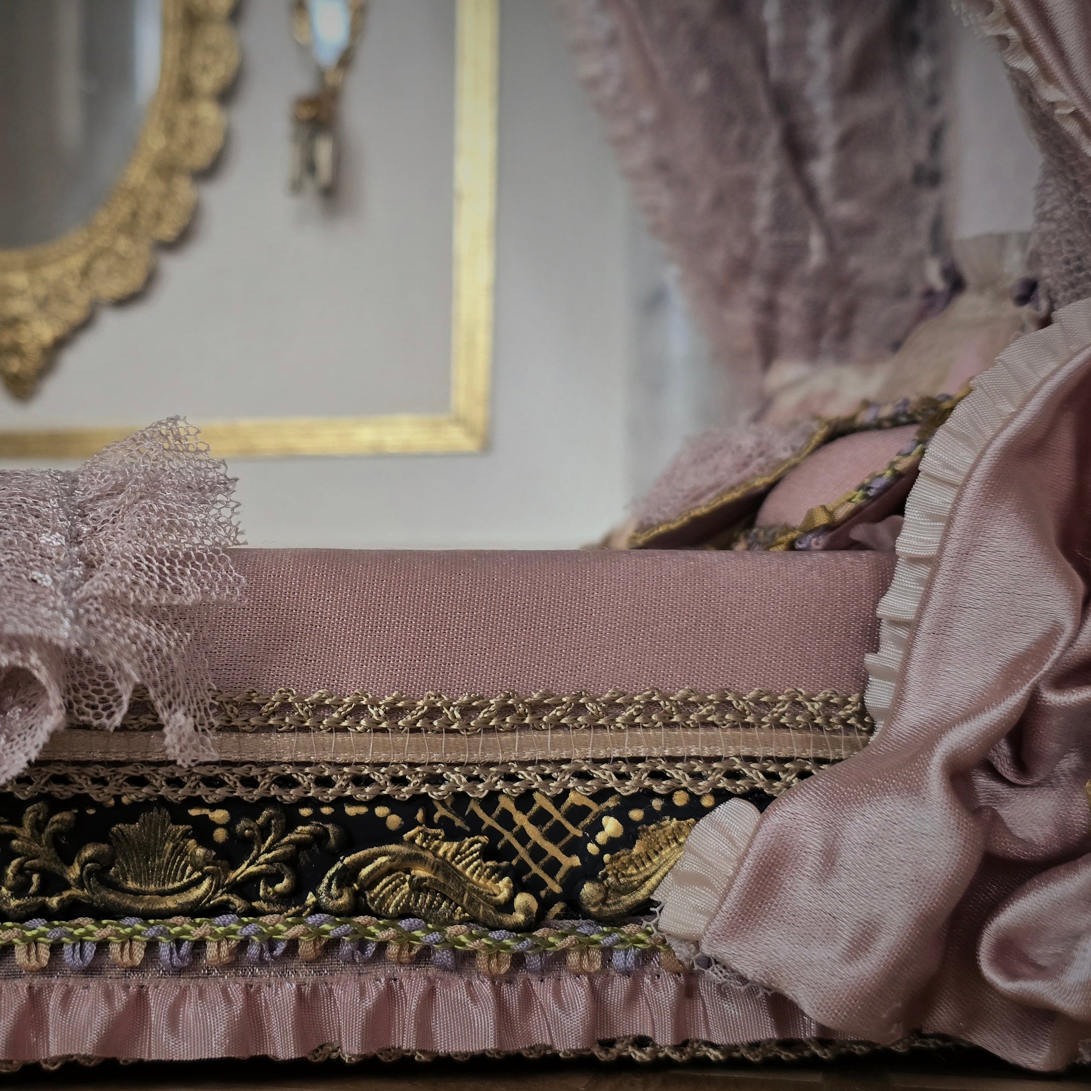 Aurea of Spain Rococo Pink & Gilt Half-Tester Canopy Bed with Painted Panels