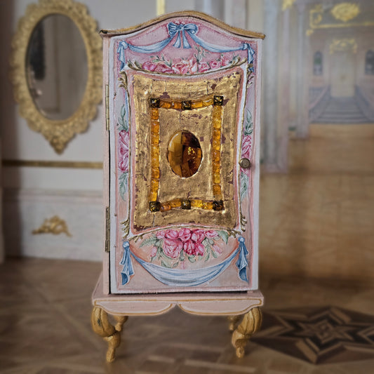 Milun Mini Furniture 24k Gold Rococo Wardrobe Armoire with Amber Inlays Poland