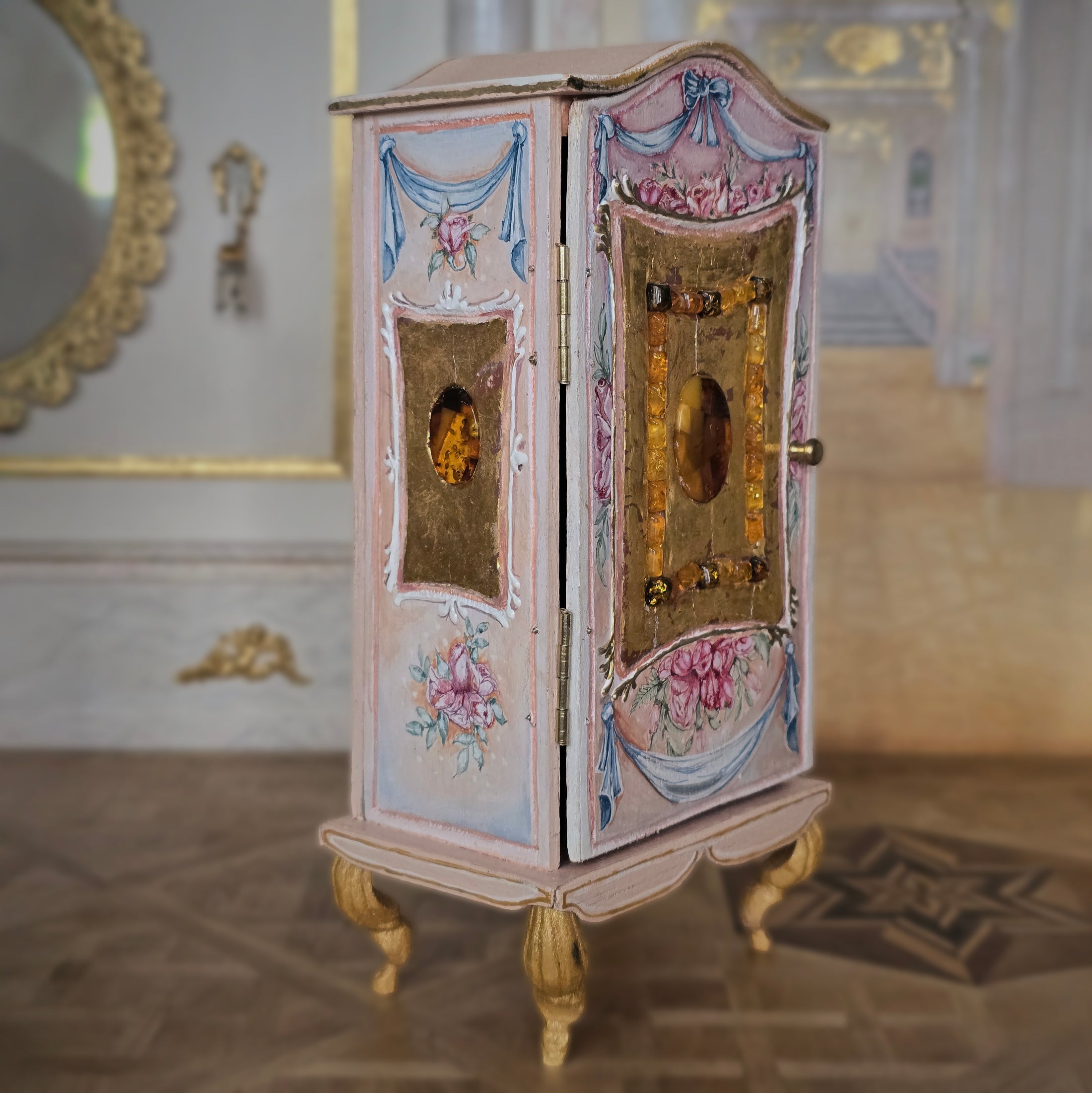Milun Mini Furniture 24k Gold Rococo Wardrobe Armoire with Amber Inlays Poland