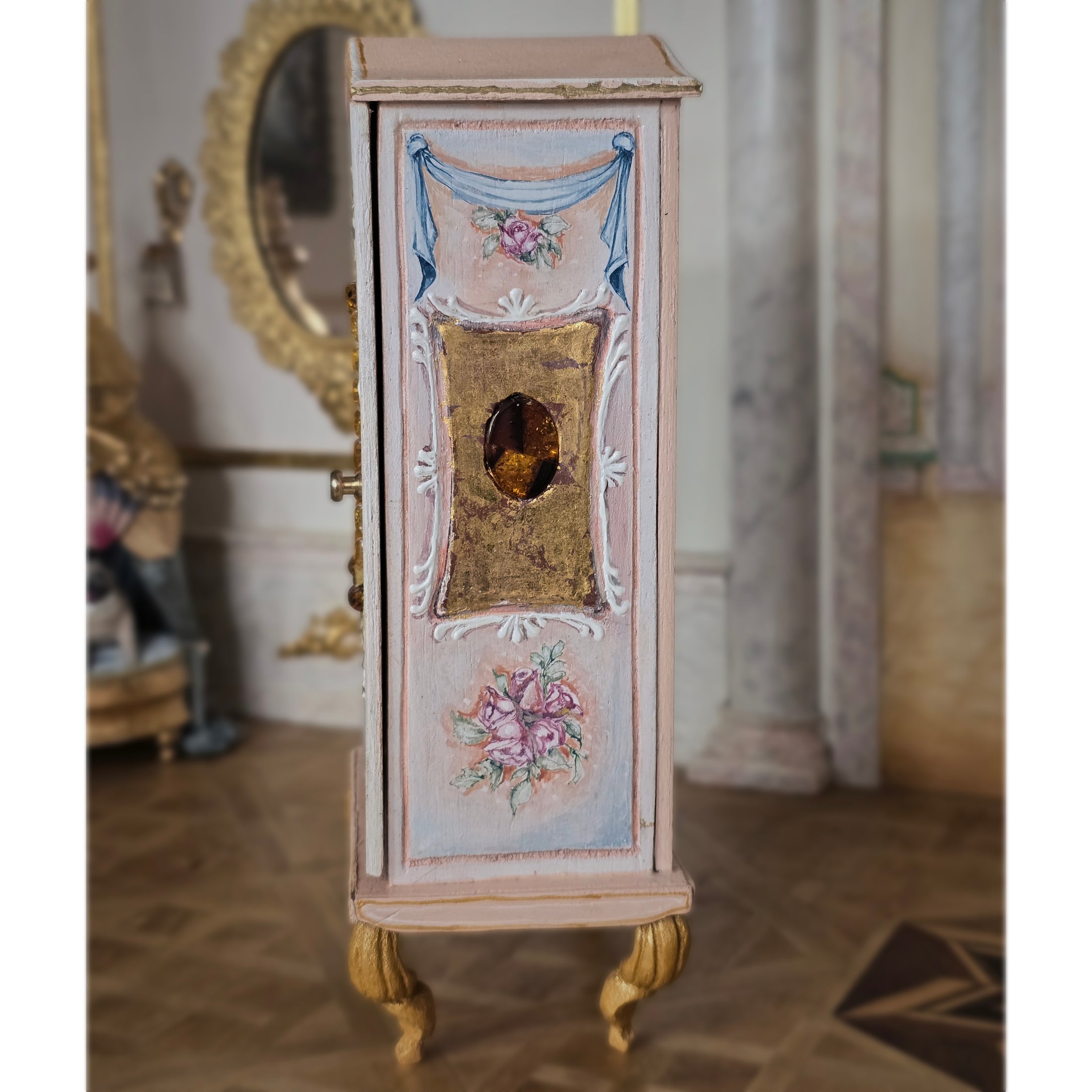 Milun Mini Furniture 24k Gold Rococo Wardrobe Armoire with Amber Inlays Poland