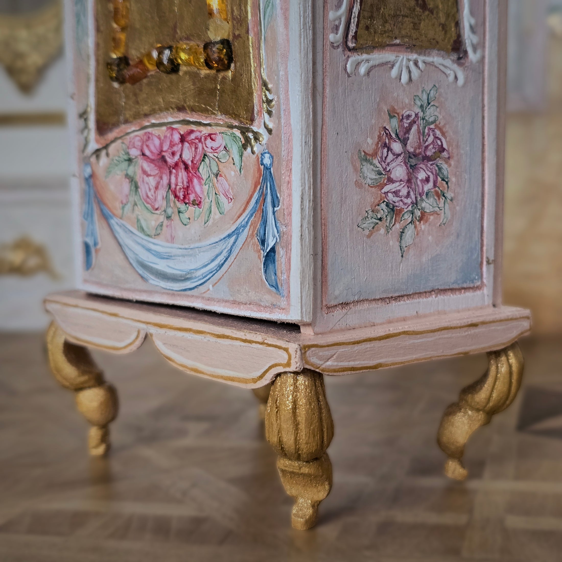 Milun Mini Furniture 24k Gold Rococo Wardrobe Armoire with Amber Inlays Poland