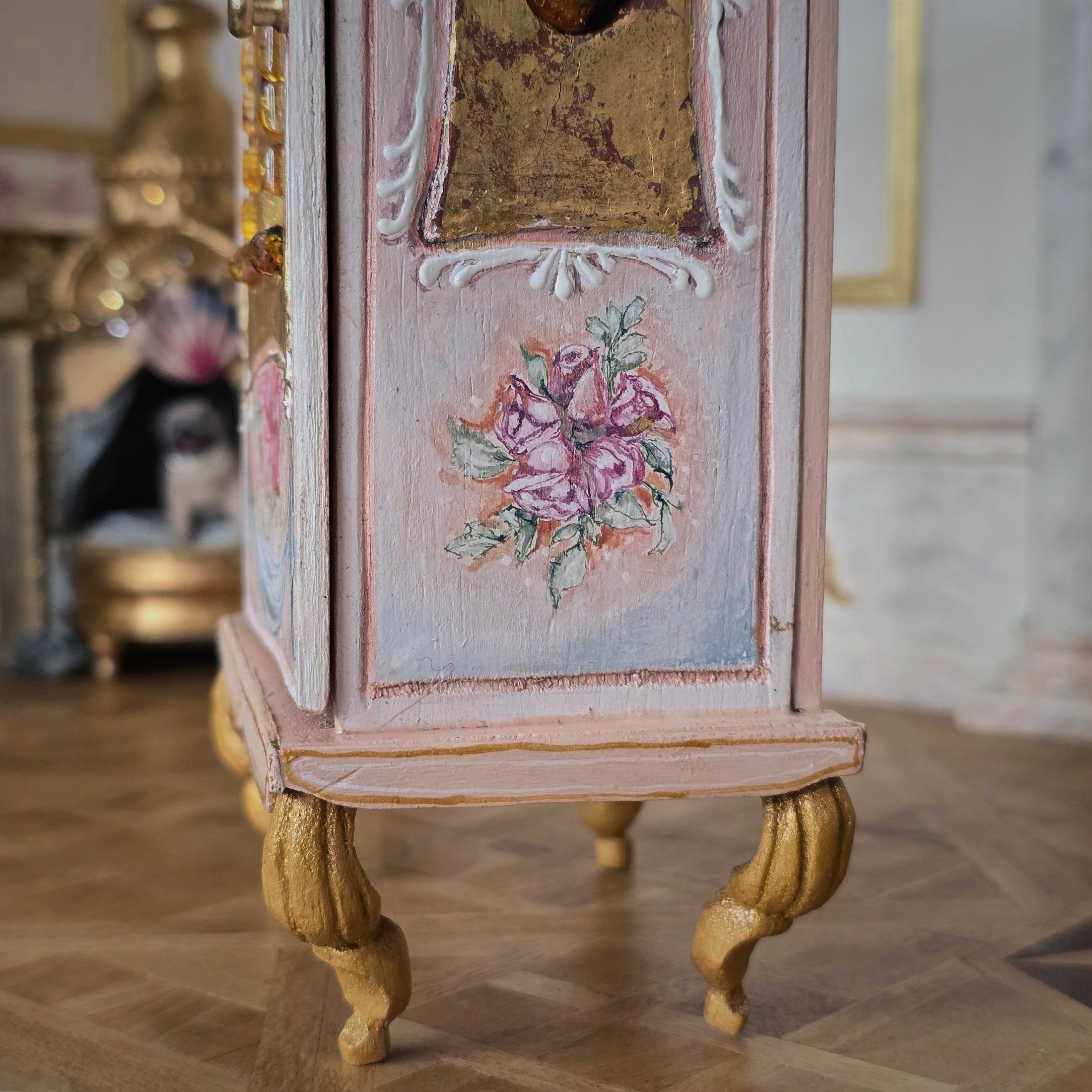 Milun Mini Furniture 24k Gold Rococo Wardrobe Armoire with Amber Inlays Poland