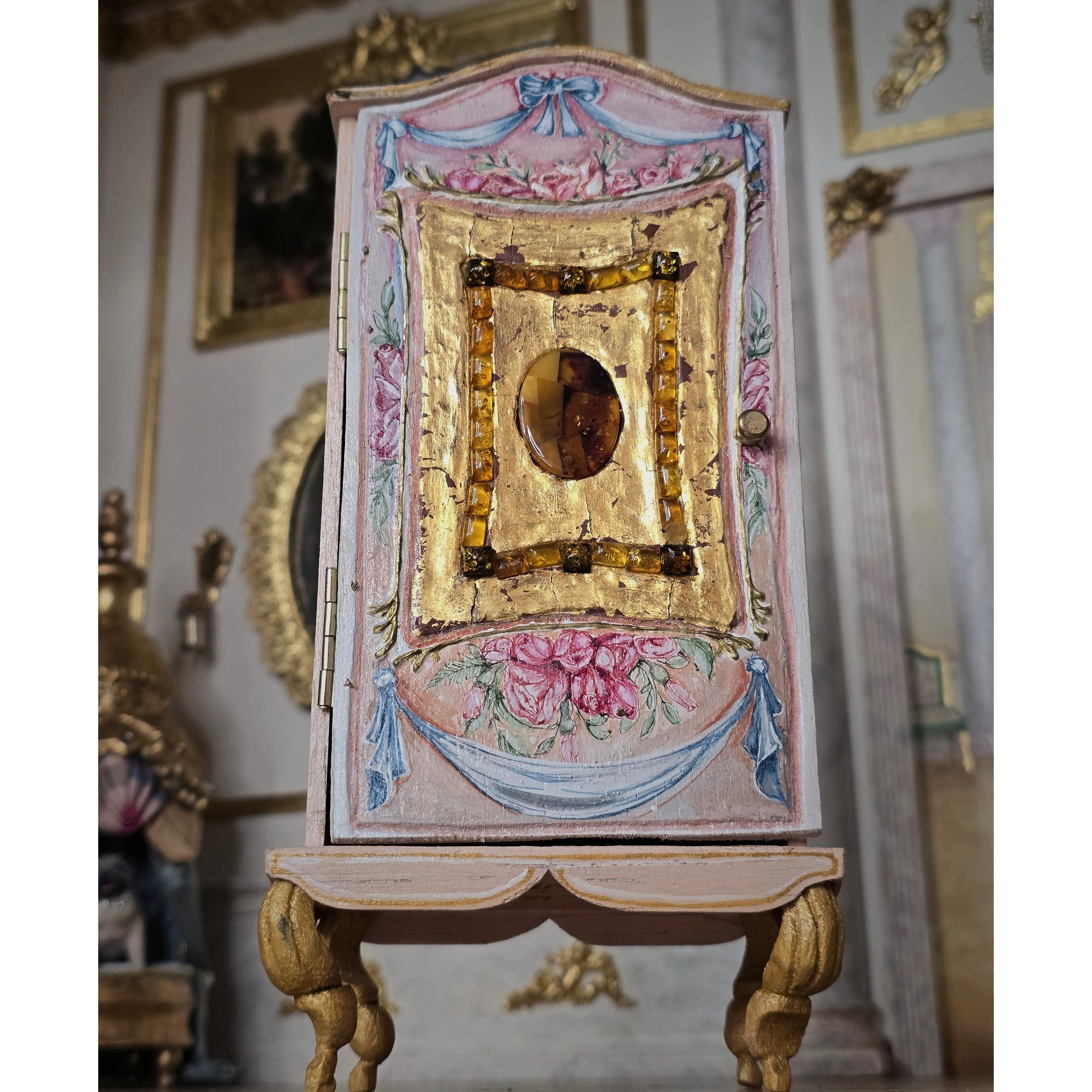 Milun Mini Furniture 24k Gold Rococo Wardrobe Armoire with Amber Inlays Poland