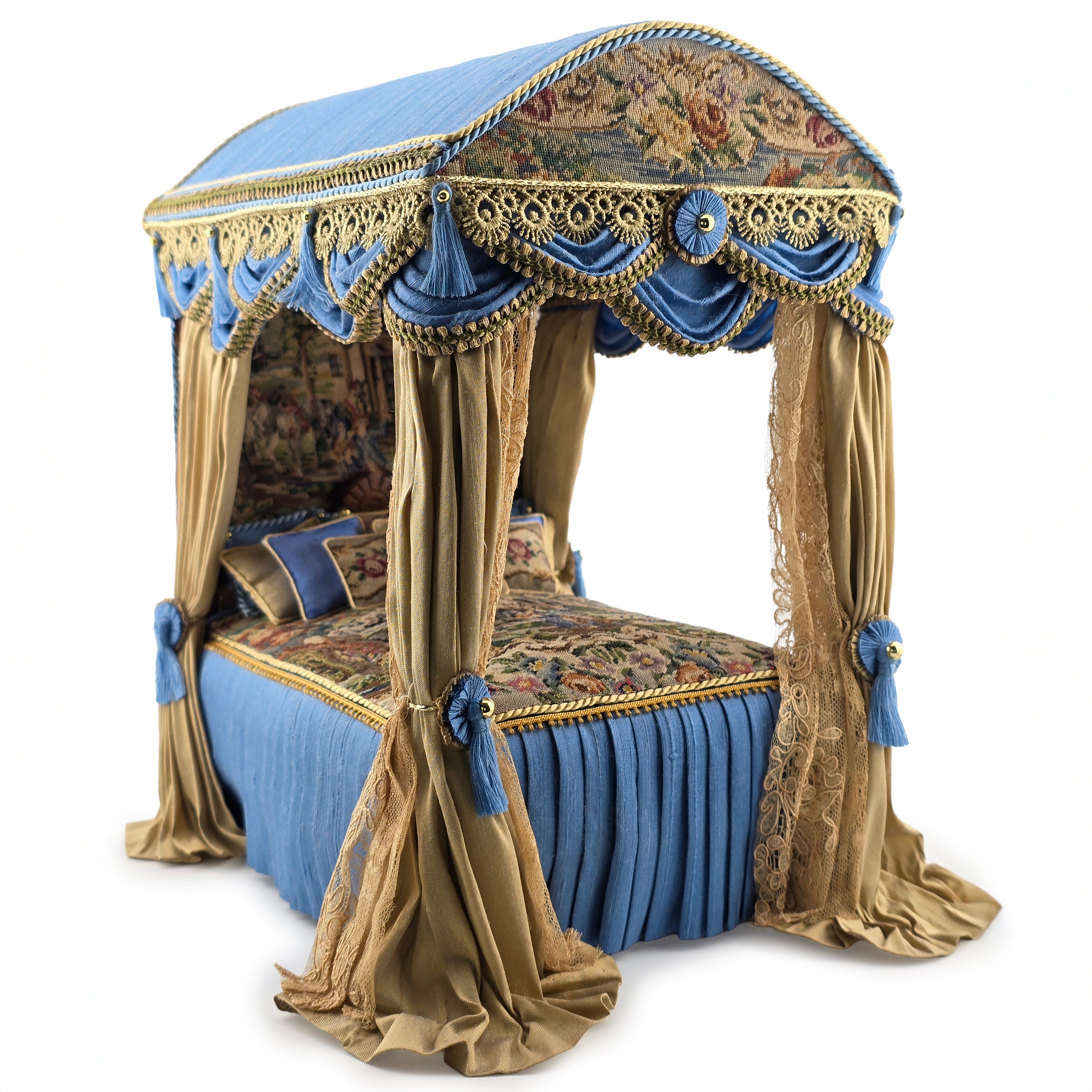 Simply Silk Miniatures Taupe & Blue Domed Canopy Bed with Tapestry Panels UK