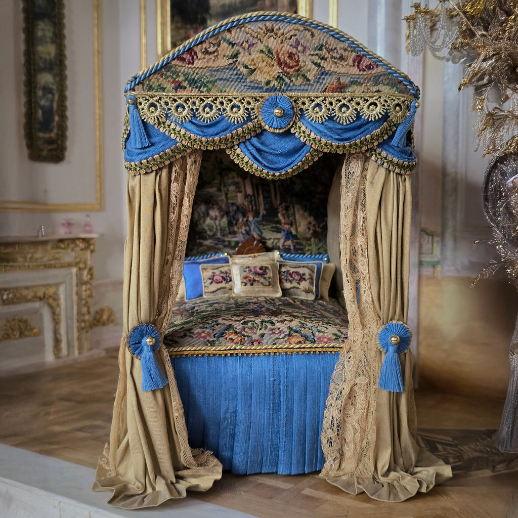 Simply Silk Miniatures Taupe & Blue Domed Canopy Bed with Tapestry Panels UK