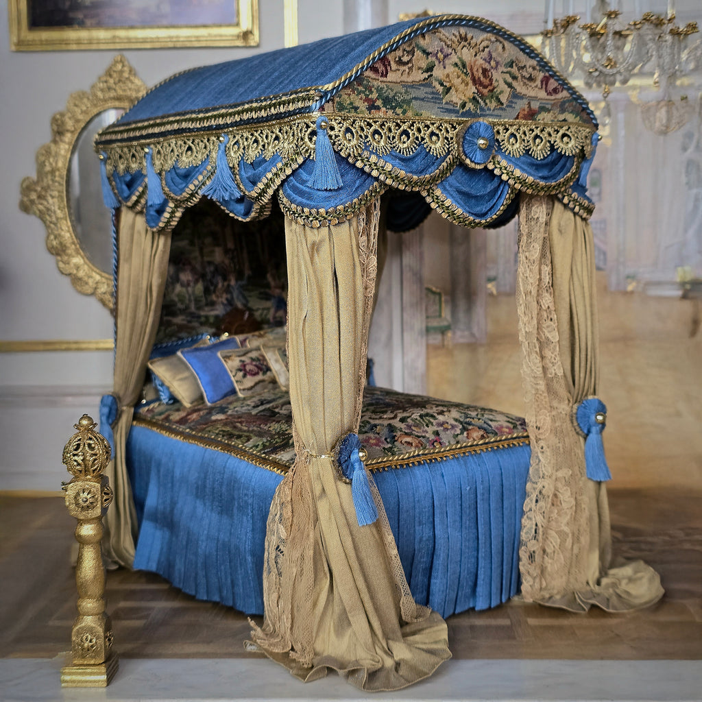 Simply Silk Miniatures Taupe & Blue Domed Canopy Bed with Tapestry Panels UK