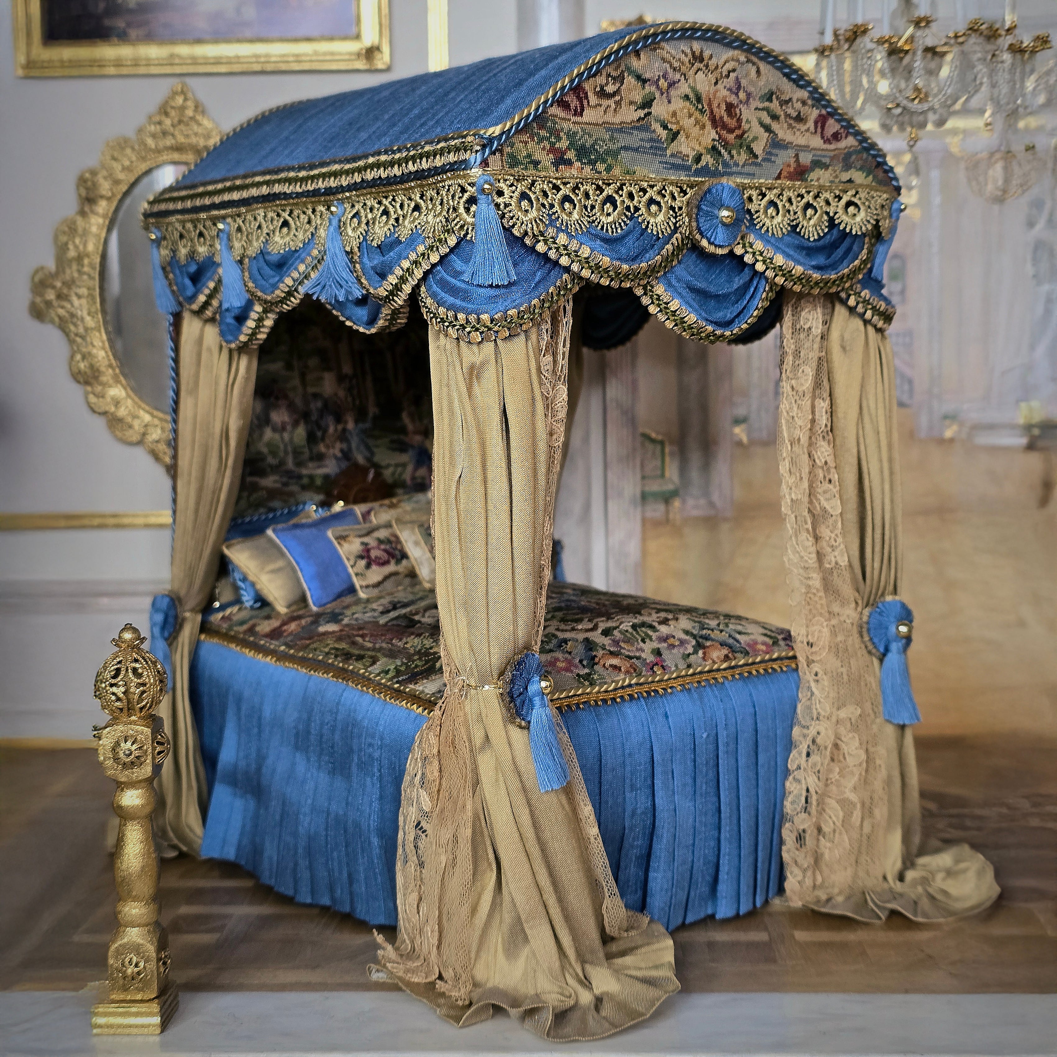Simply Silk Miniatures Taupe & Blue Domed Canopy Bed with Tapestry Panels UK