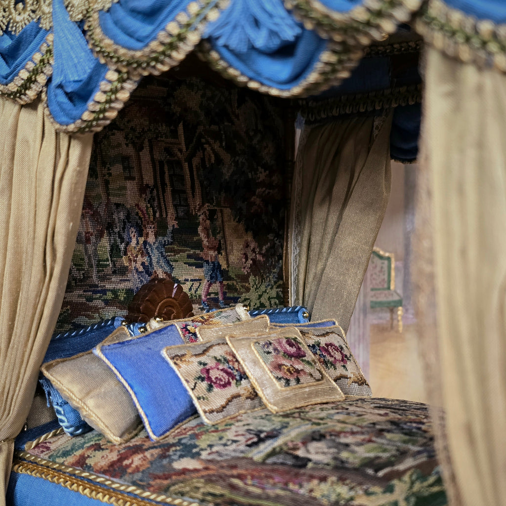 Simply Silk Miniatures Taupe & Blue Domed Canopy Bed with Tapestry Panels UK