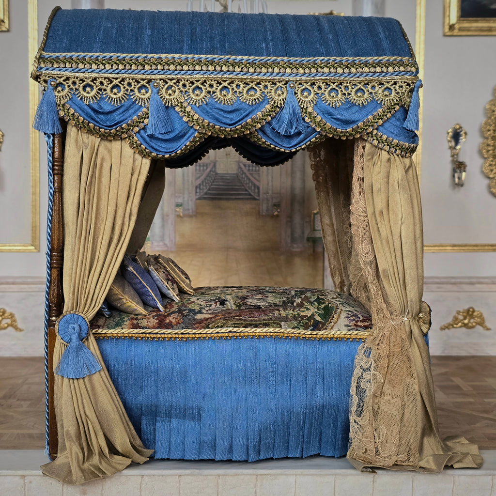 Simply Silk Miniatures Taupe & Blue Domed Canopy Bed with Tapestry Panels UK