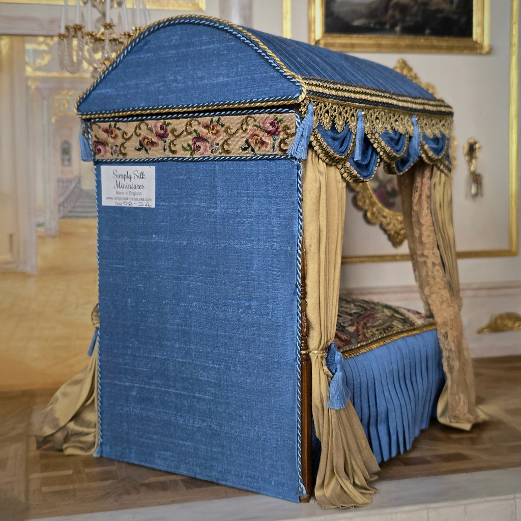 Simply Silk Miniatures Taupe & Blue Domed Canopy Bed with Tapestry Panels UK