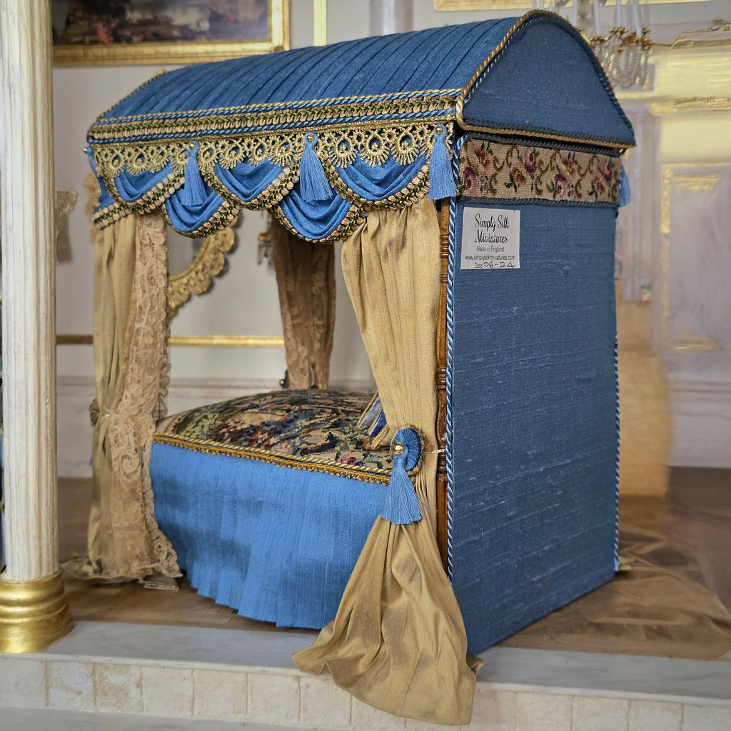 Simply Silk Miniatures Taupe & Blue Domed Canopy Bed with Tapestry Panels UK