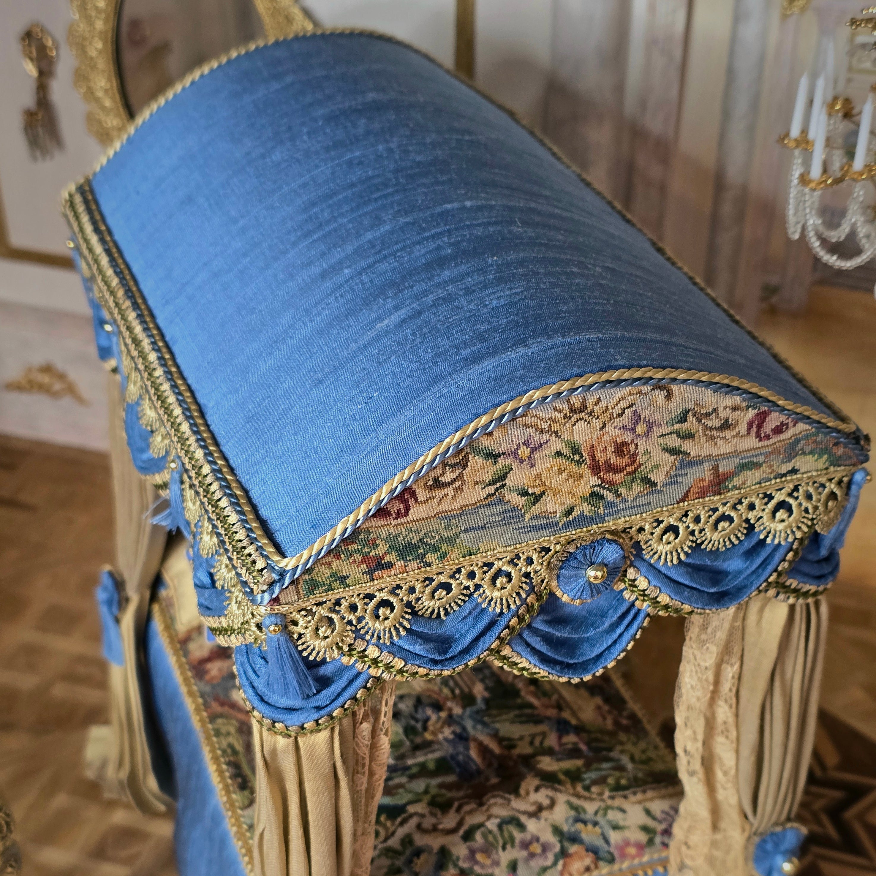 Simply Silk Miniatures Taupe & Blue Domed Canopy Bed with Tapestry Panels UK