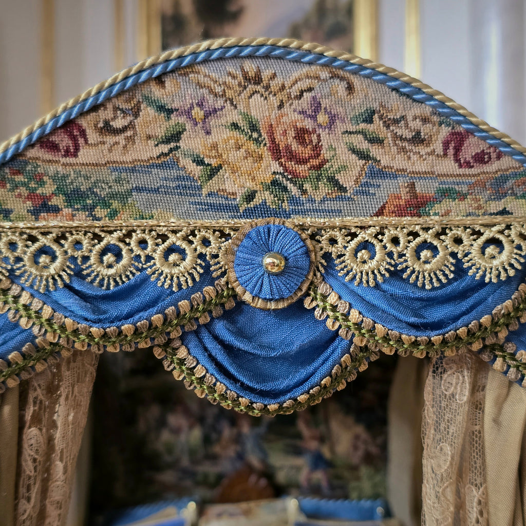 Simply Silk Miniatures Taupe & Blue Domed Canopy Bed with Tapestry Panels UK