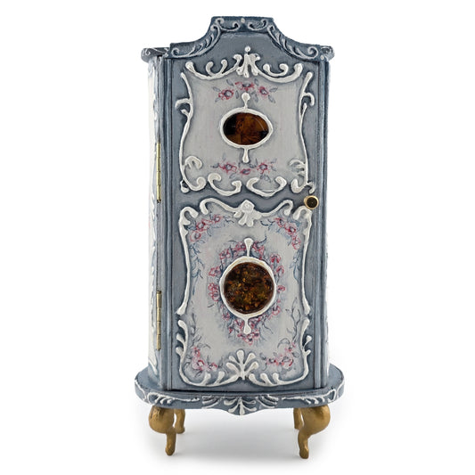 Blue Rococo Miniature Armoire Cabinet with Amber Inlays by Milun Mini Furniture Poland