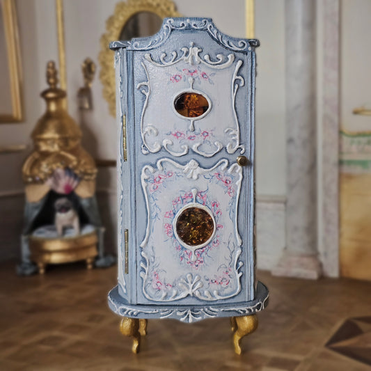 Blue Rococo Miniature Armoire Cabinet with Amber Inlays by Milun Mini Furniture Poland