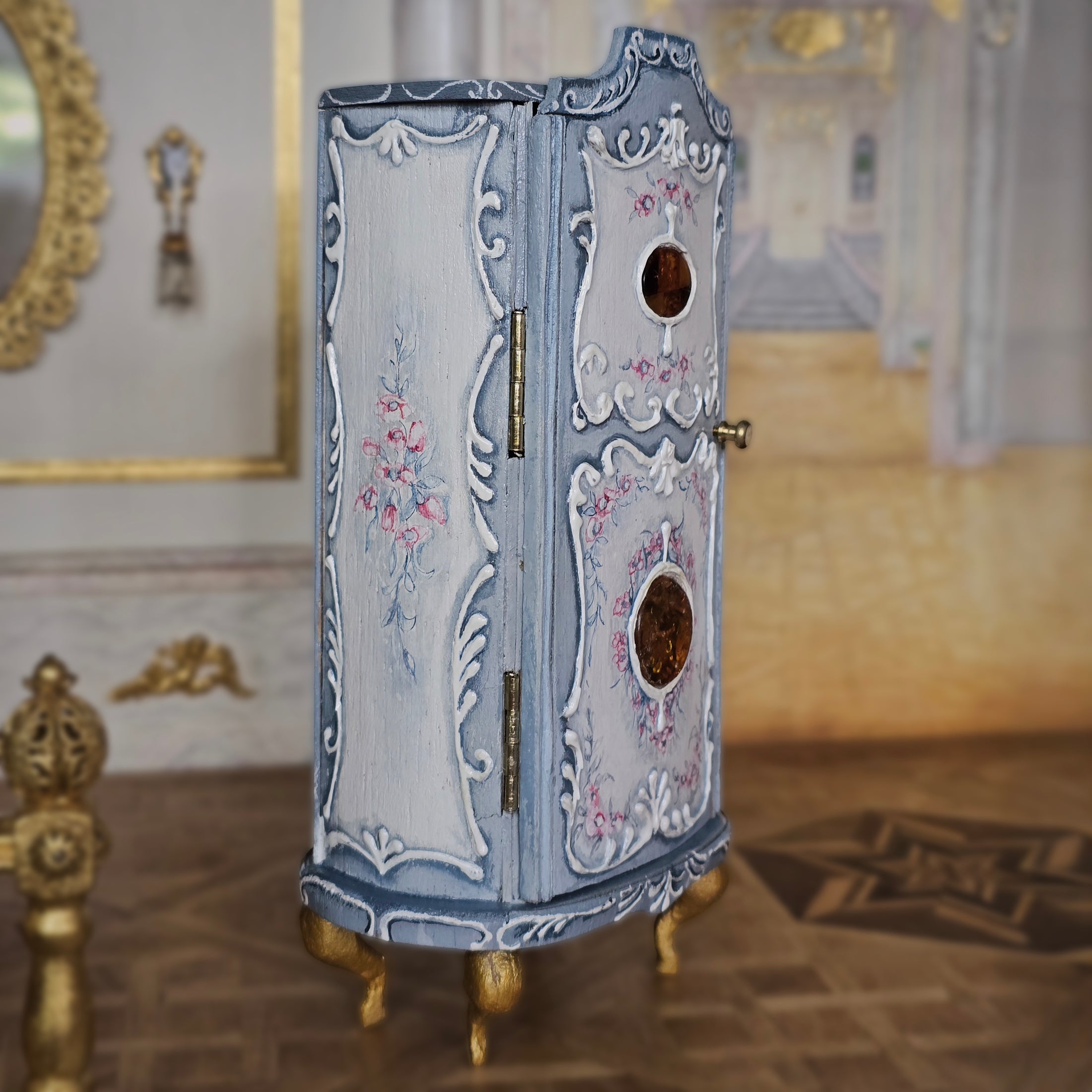 Blue Rococo Miniature Armoire Cabinet with Amber Inlays by Milun Mini Furniture Poland