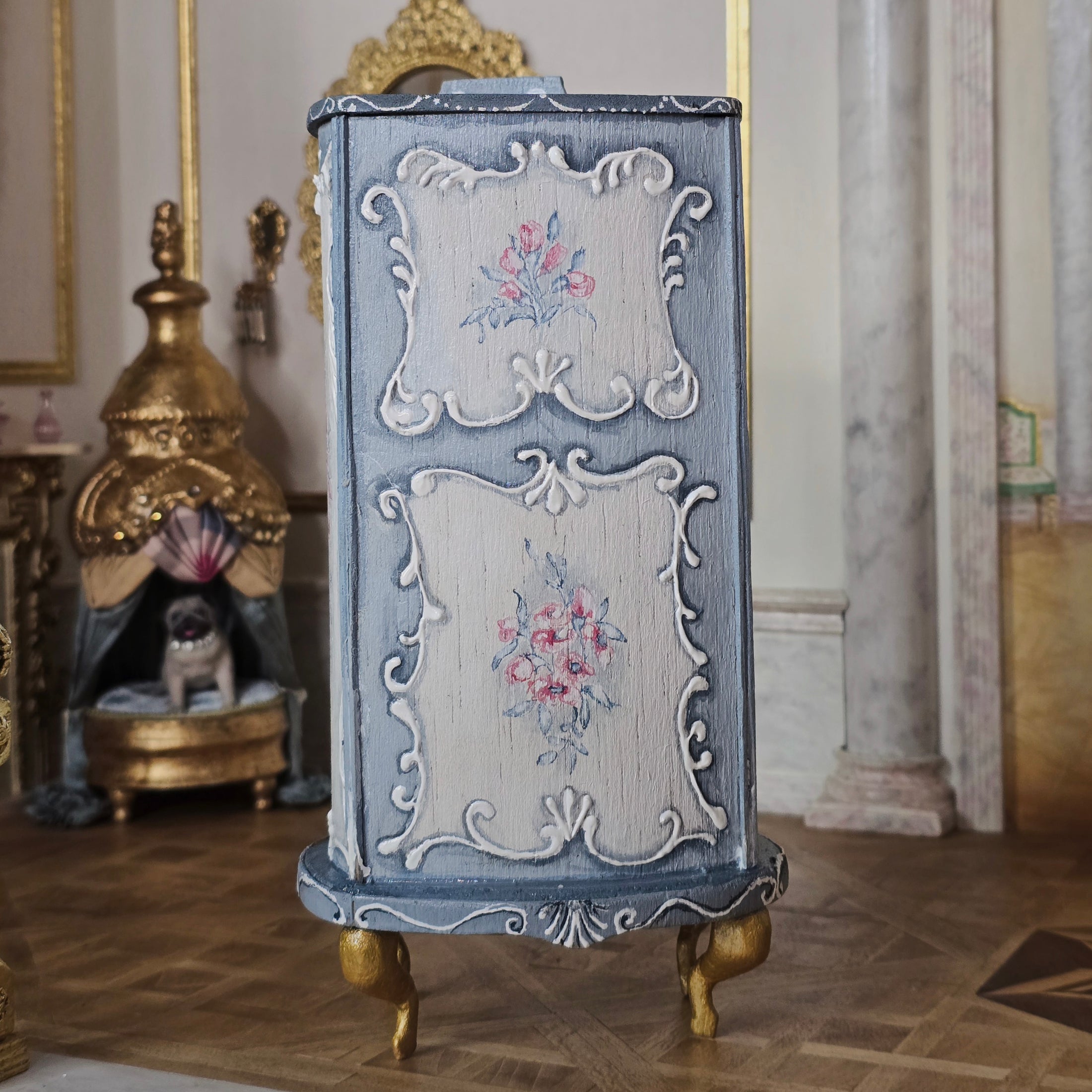 Blue Rococo Miniature Armoire Cabinet with Amber Inlays by Milun Mini Furniture Poland