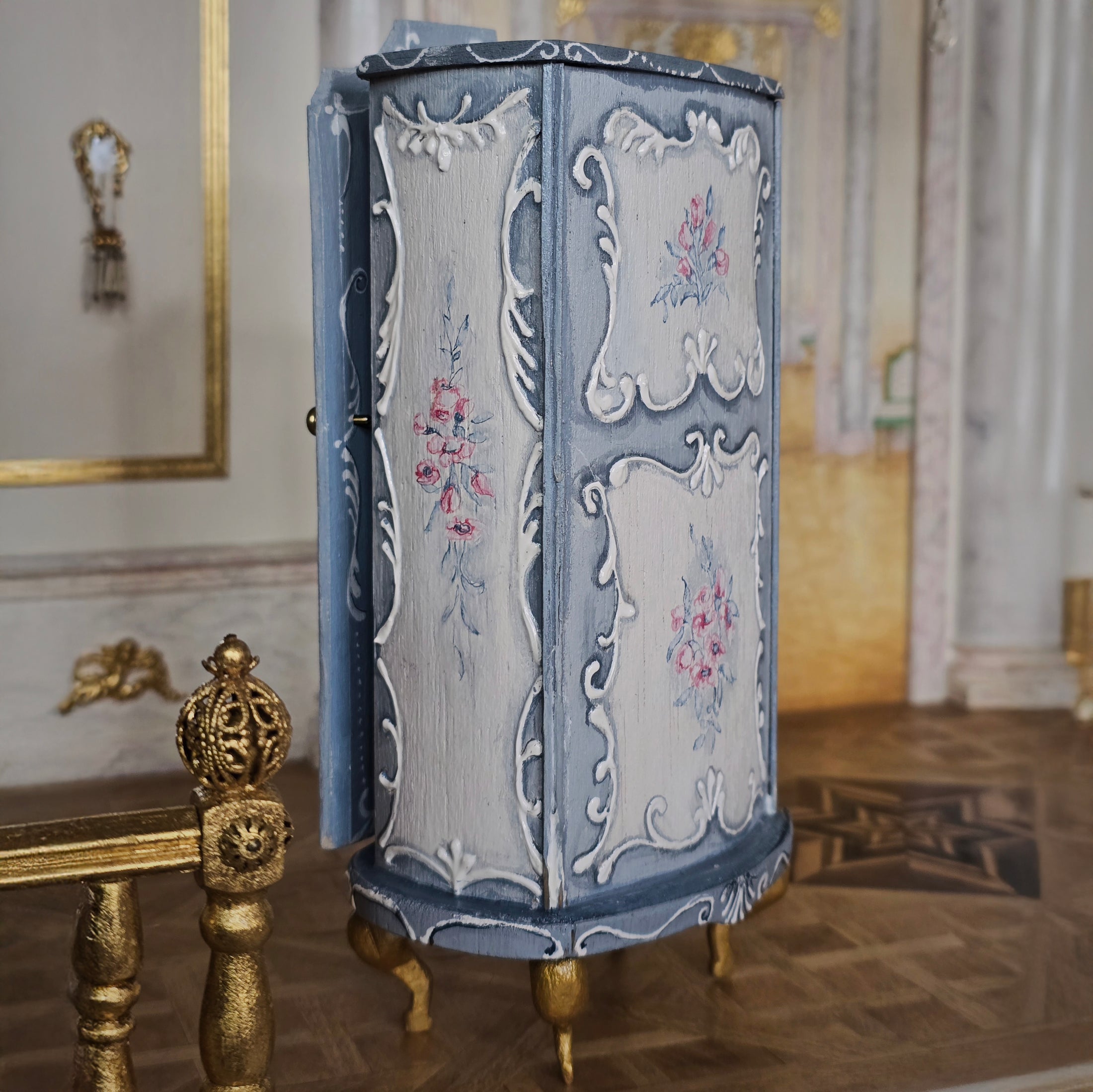 Blue Rococo Miniature Armoire Cabinet with Amber Inlays by Milun Mini Furniture Poland