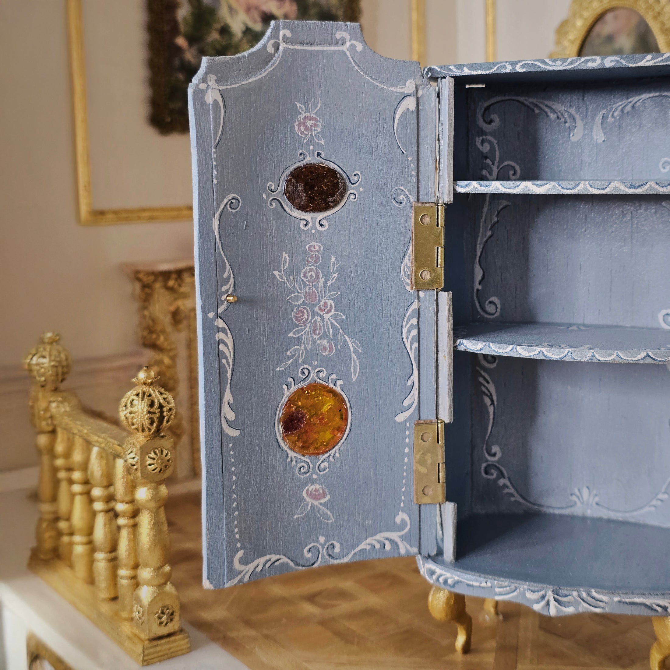 Blue Rococo Miniature Armoire Cabinet with Amber Inlays by Milun Mini Furniture Poland