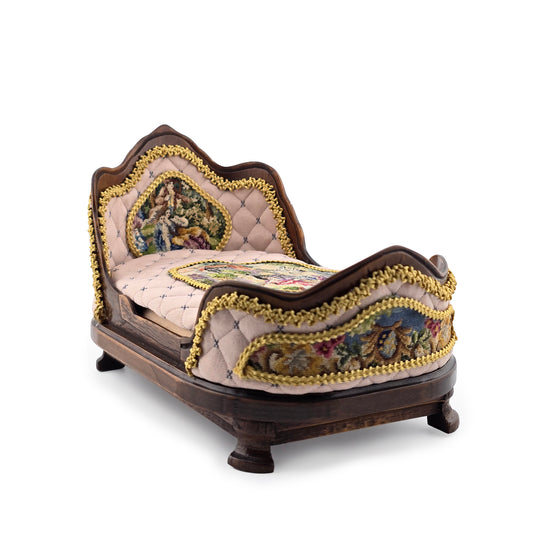 Pink & Gold Hand Carved Upholstered Rococo Style Miniature Bed with Petit Point