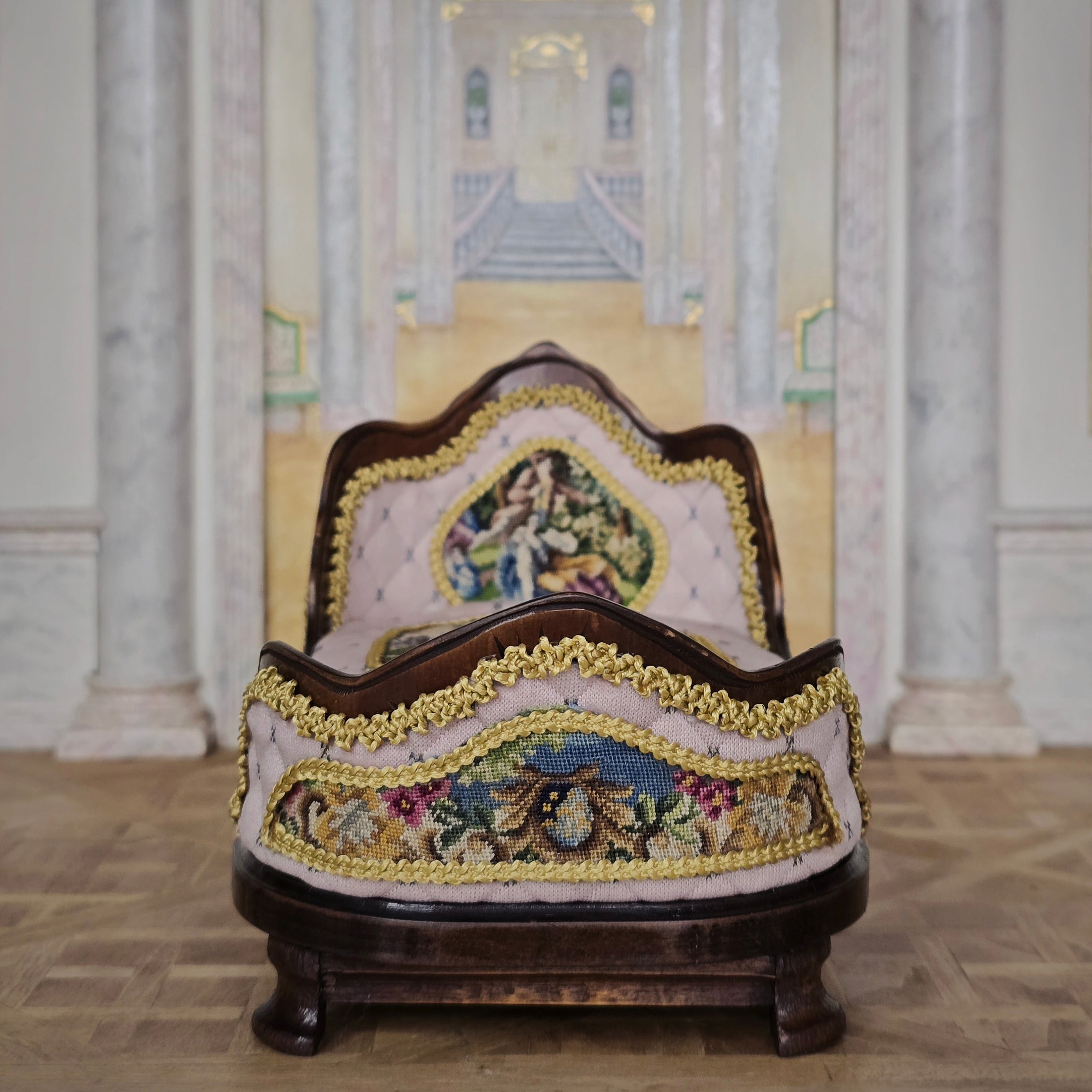 Pink & Gold Hand Carved Upholstered Rococo Style Miniature Bed with Petit Point