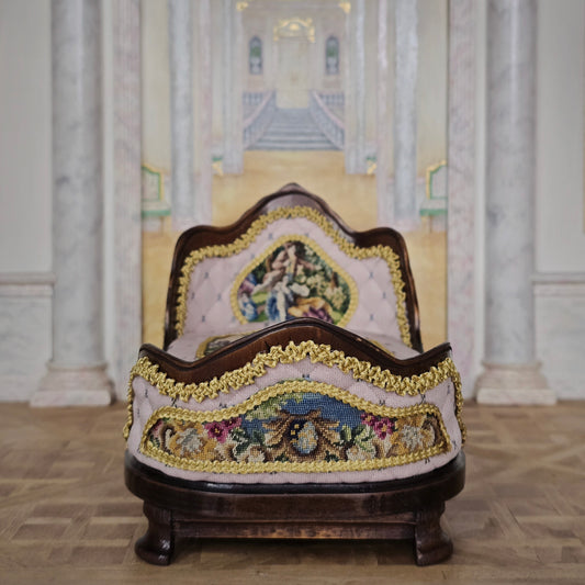 Pink & Gold Hand Carved Upholstered Rococo Style Miniature Bed with Petit Point