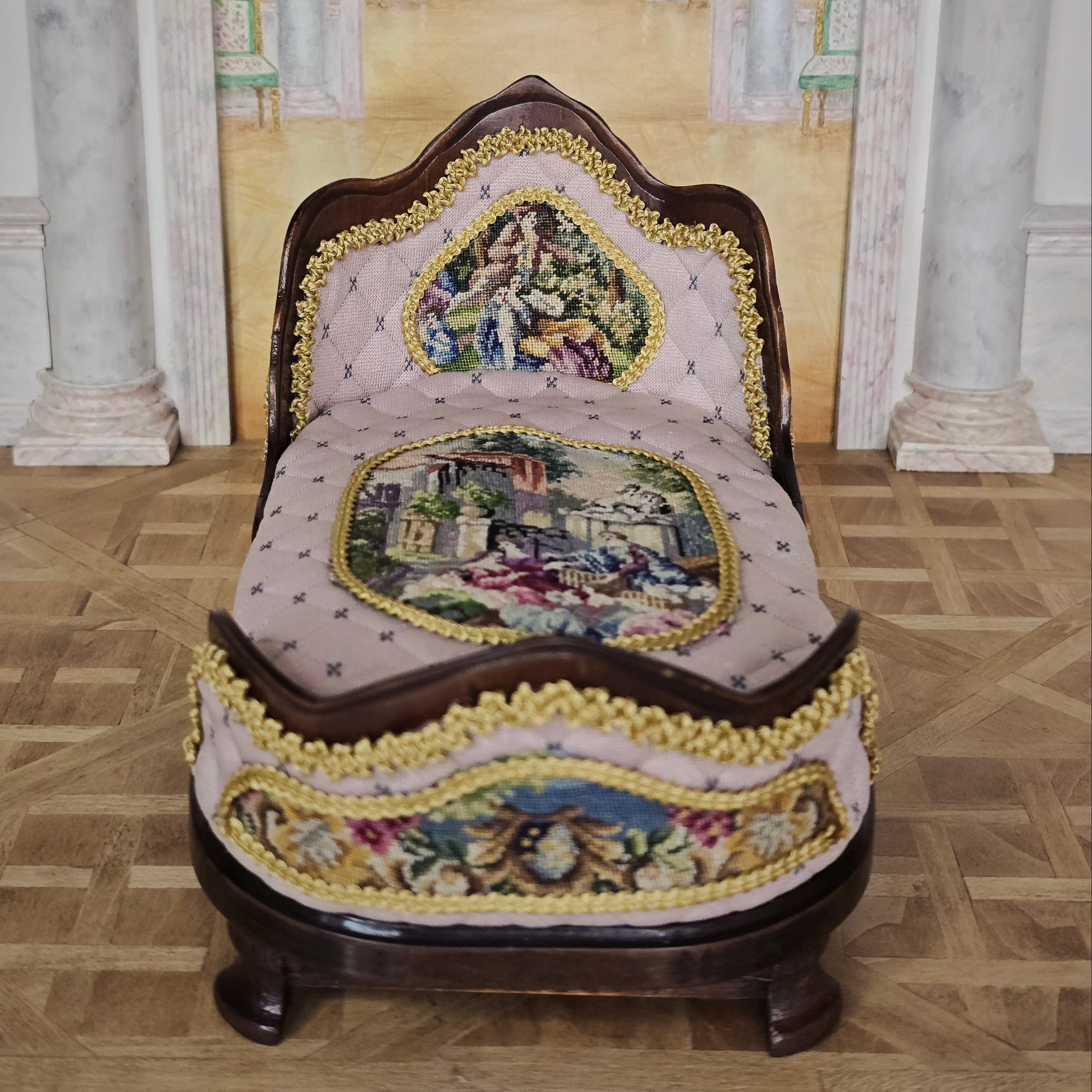 Pink & Gold Hand Carved Upholstered Rococo Style Miniature Bed with Petit Point